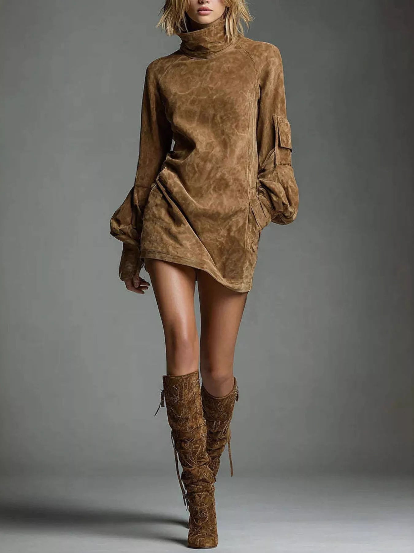 Turtleneck Lantern Sleeve Mini Dress with Pockets - PBNJ FASHIONS