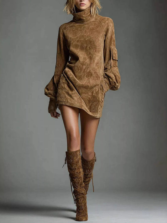 Turtleneck Lantern Sleeve Mini Dress with Pockets - PBNJ FASHIONS