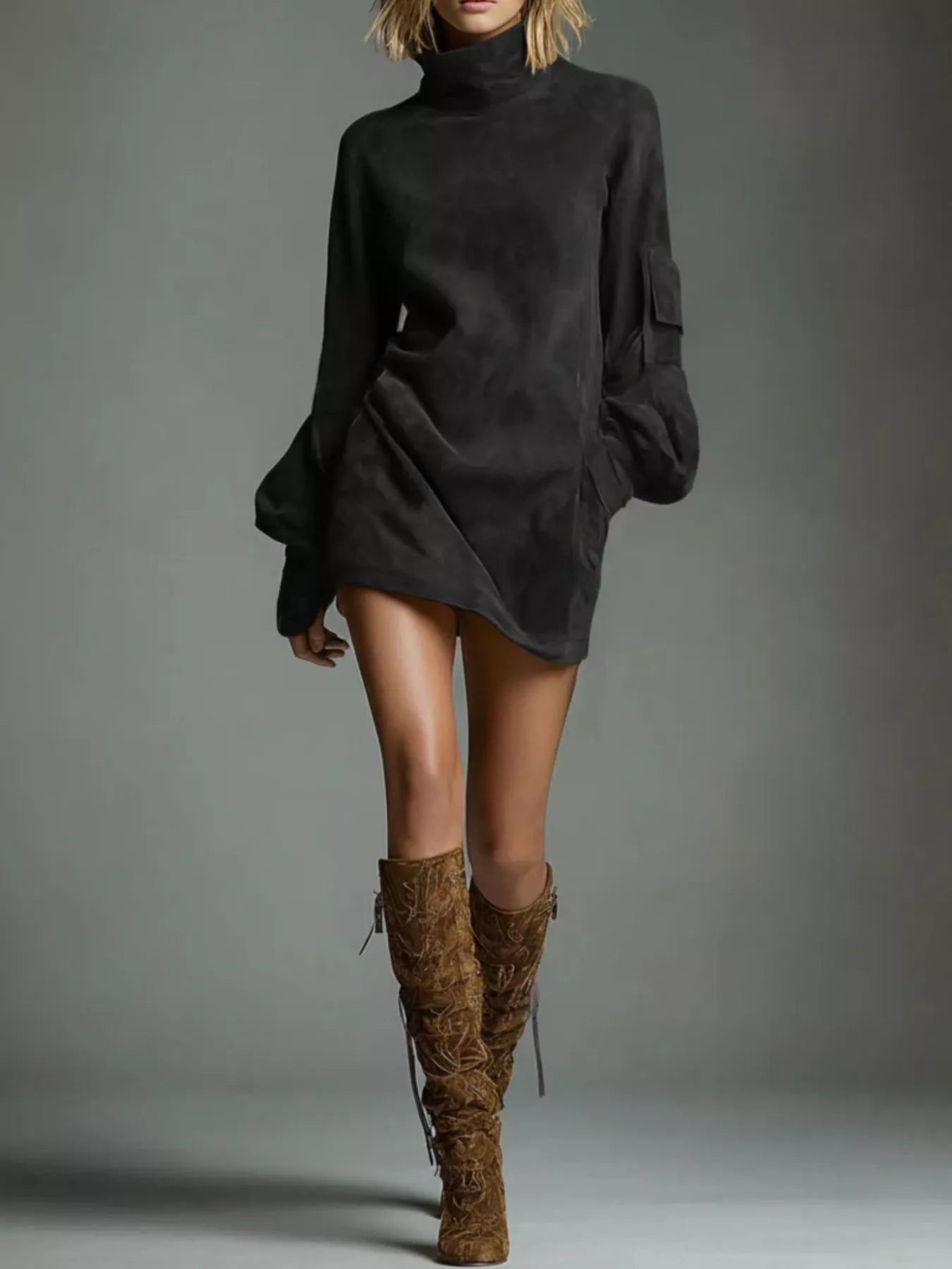 Turtleneck Lantern Sleeve Mini Dress with Pockets - PBNJ FASHIONS