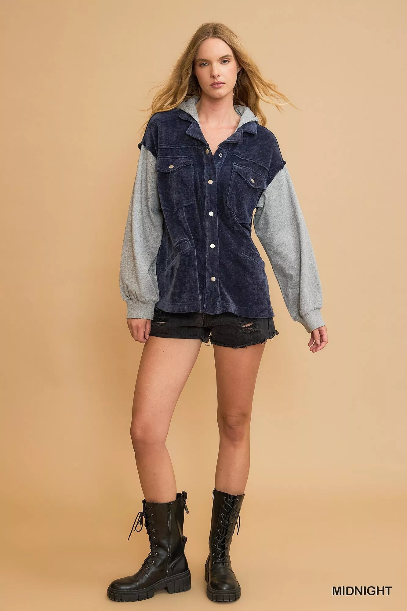 Umgee Contrast Hooded Chenille Jacket - PBNJ FASHIONS