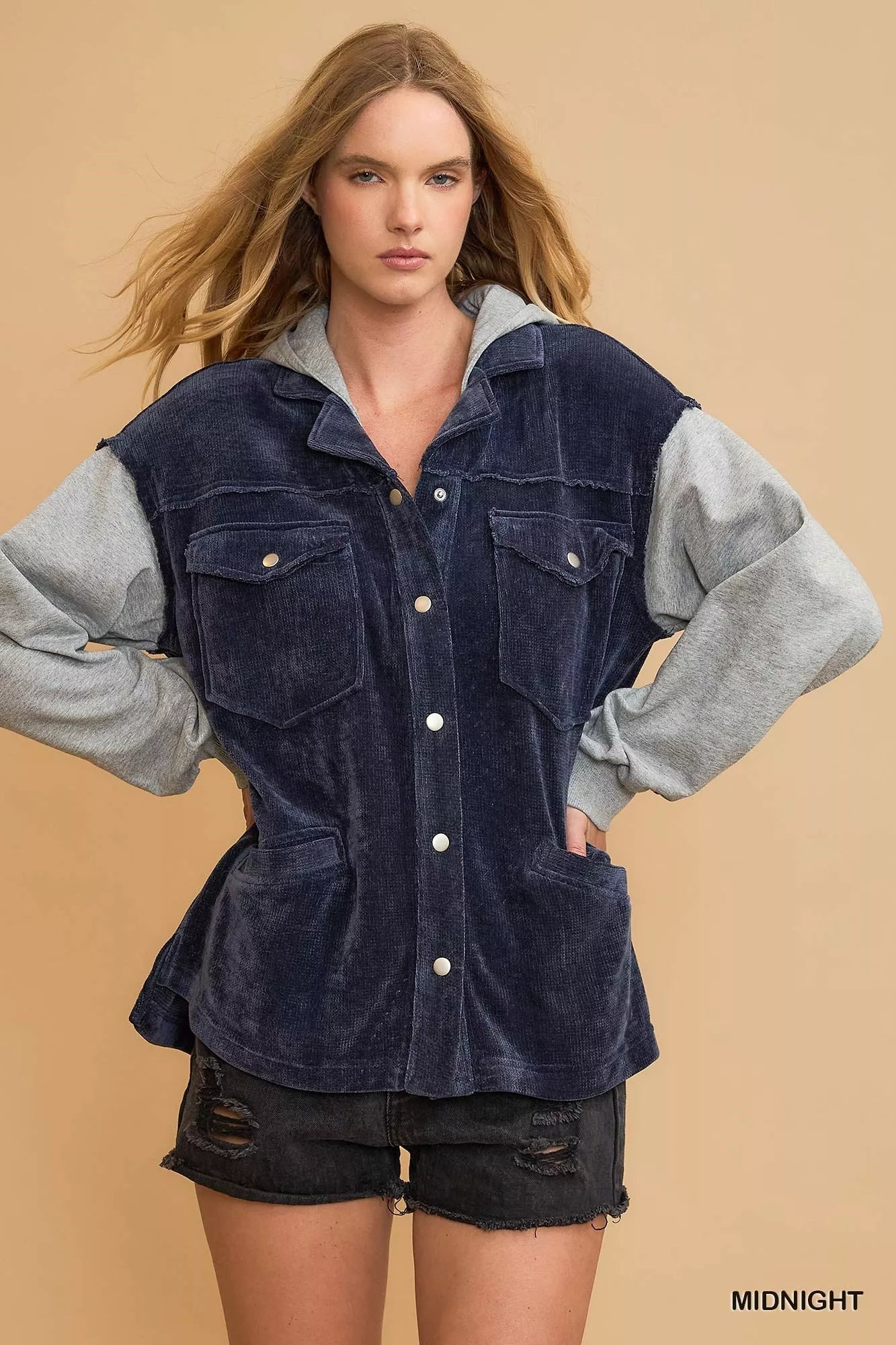 Umgee Contrast Hooded Chenille Jacket - PBNJ FASHIONS