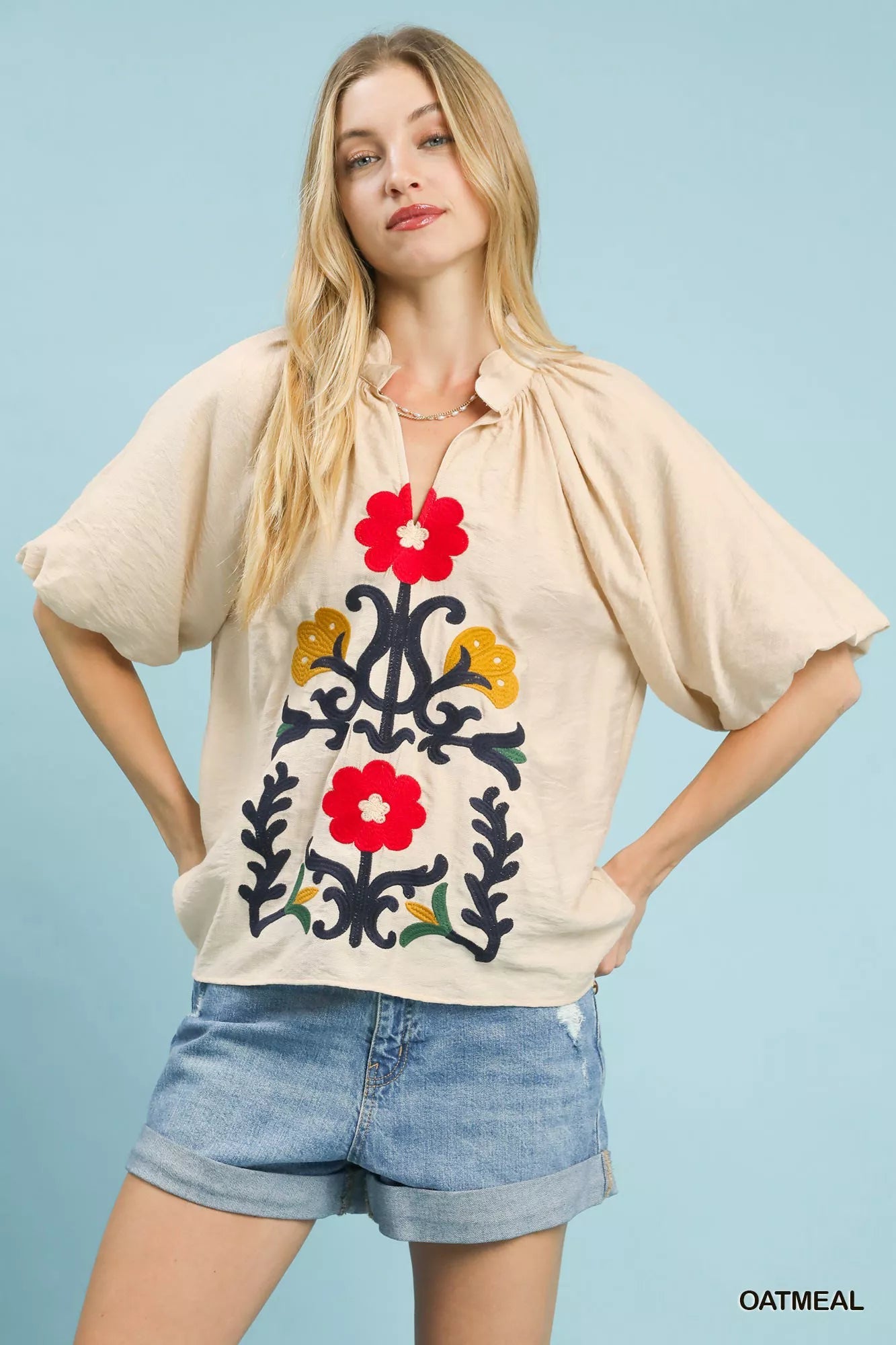 Umgee Embroidered Boho Puff Sleeve Blouse - PBNJ FASHIONS