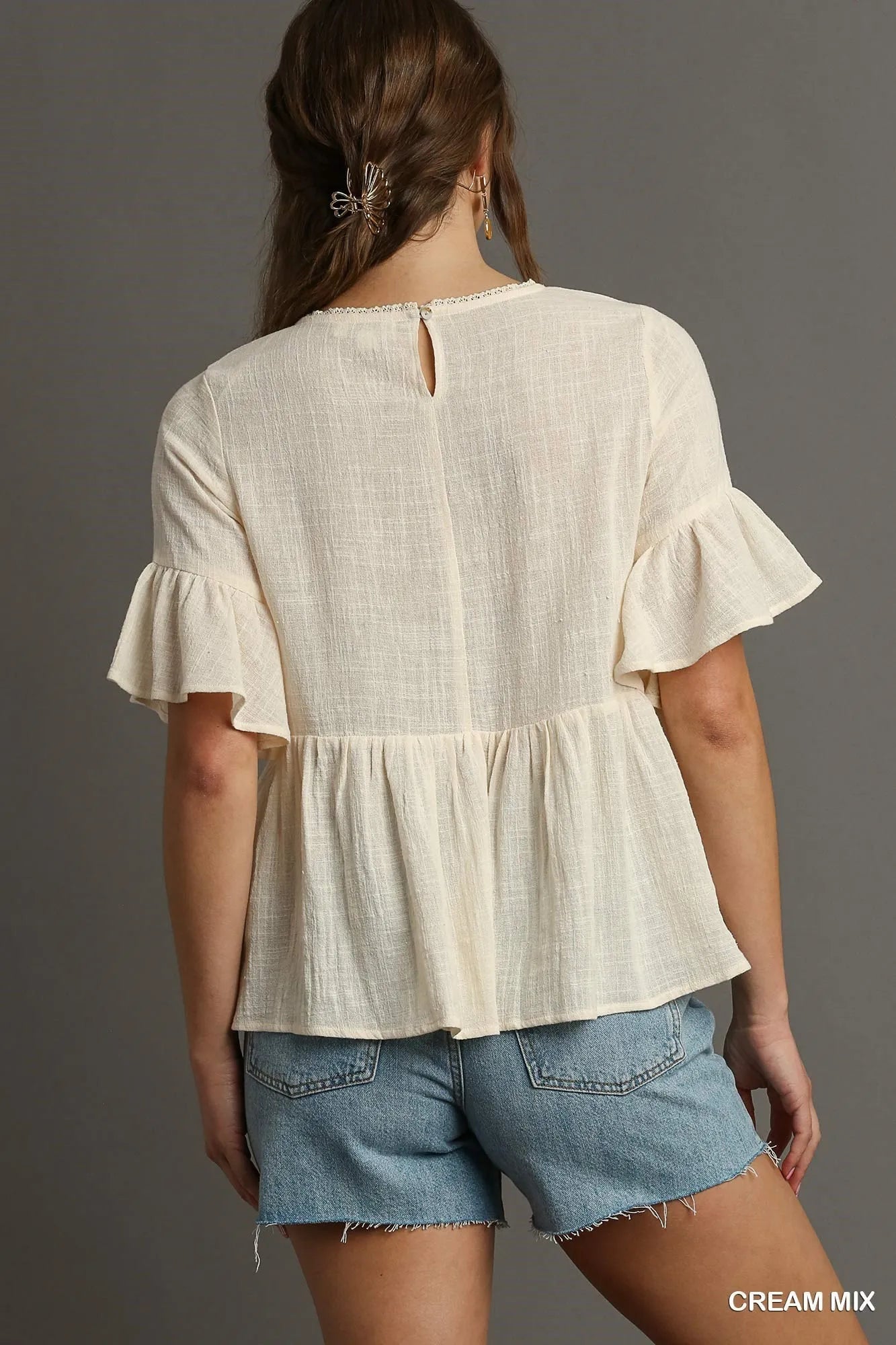 Umgee Floral Lace Trimmed Detail Half Sleeve Babydoll Top - PBNJ FASHIONS