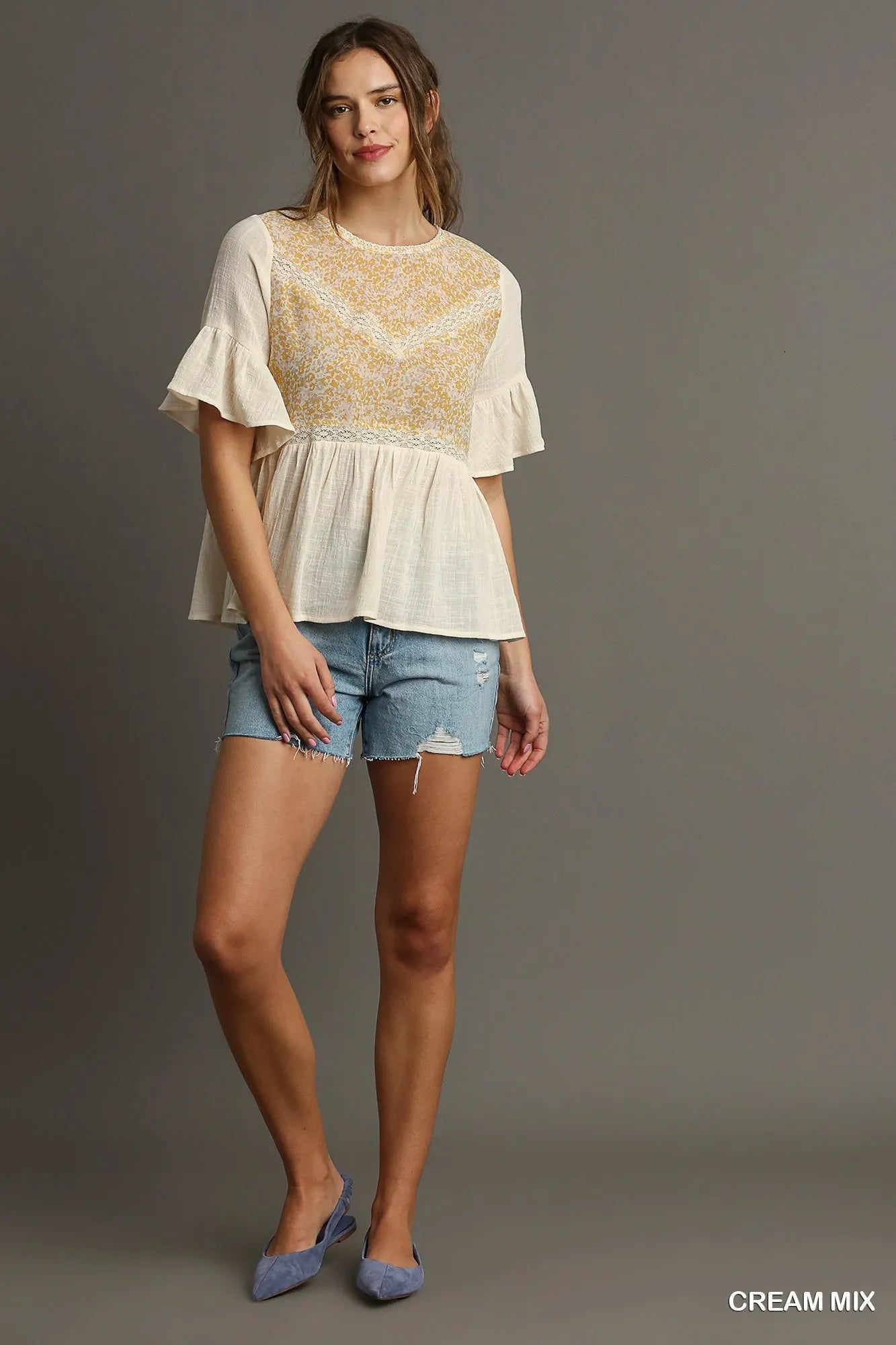 Umgee Floral Lace Trimmed Detail Half Sleeve Babydoll Top - PBNJ FASHIONS