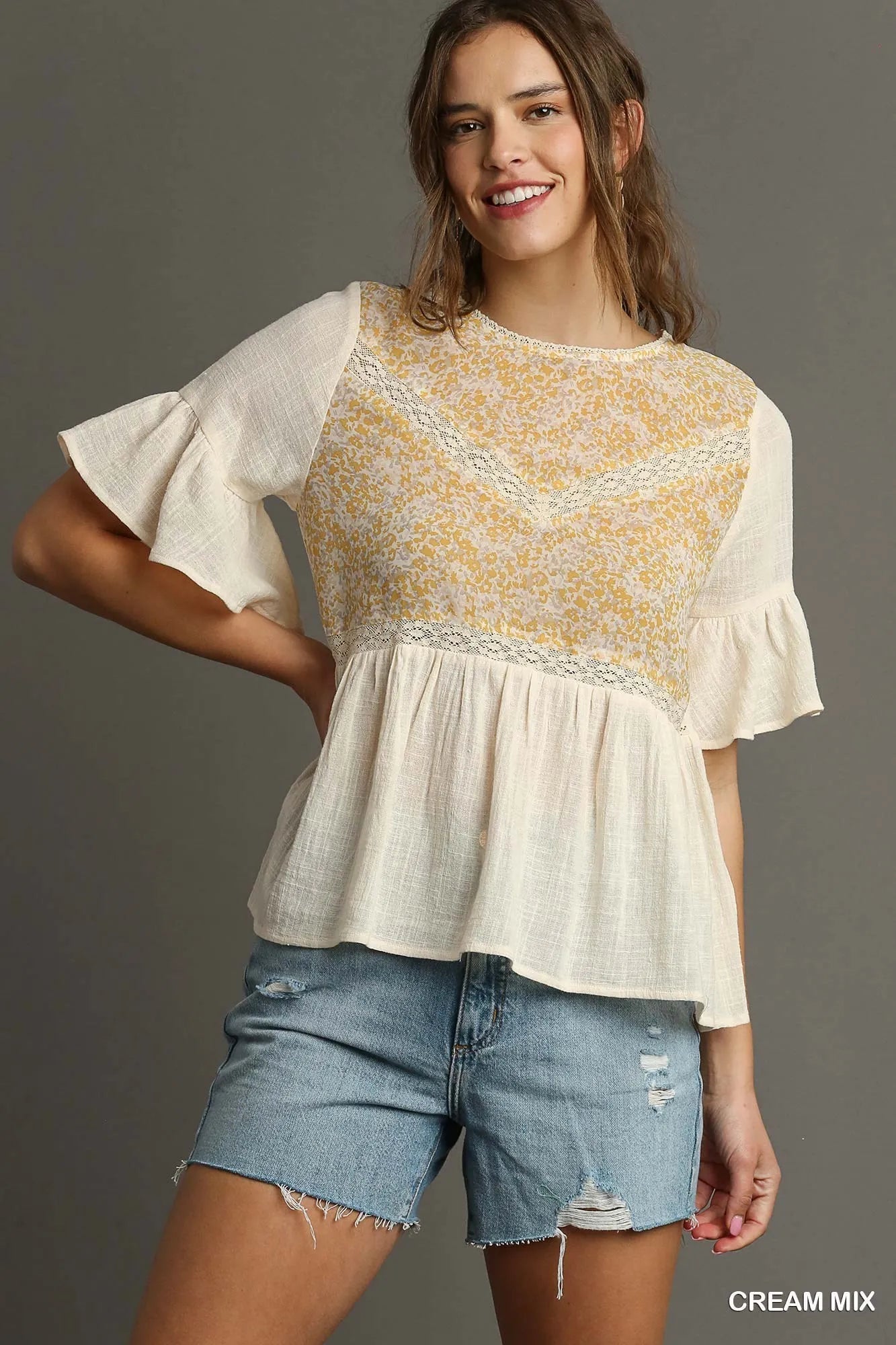 Umgee Floral Lace Trimmed Detail Half Sleeve Babydoll Top - PBNJ FASHIONS