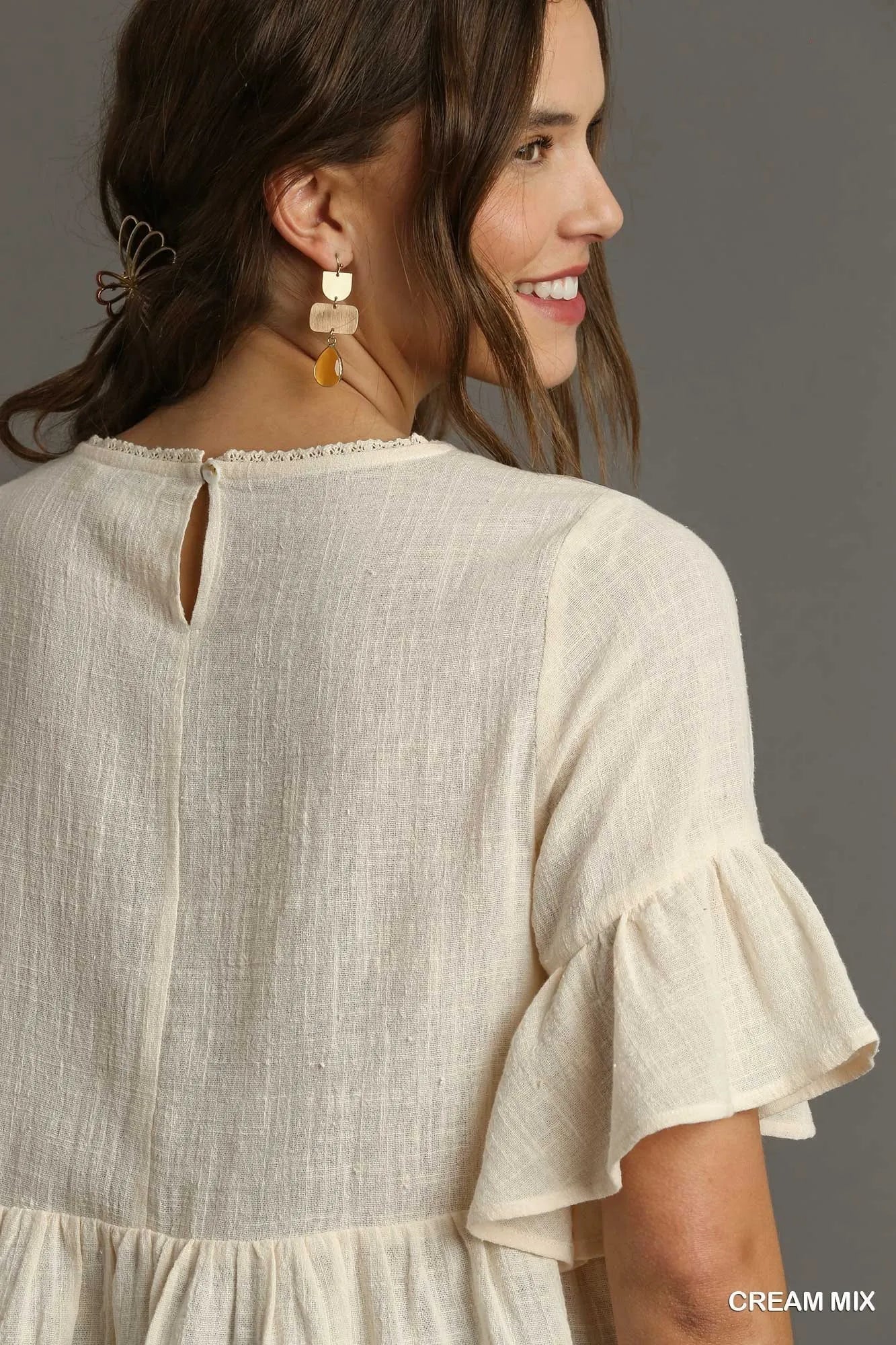 Umgee Floral Lace Trimmed Detail Half Sleeve Babydoll Top - PBNJ FASHIONS