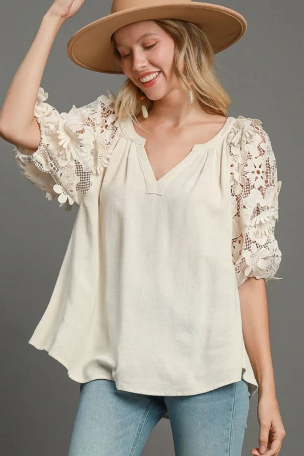 Umgee Full Size French Terry Boxy Cut Top with 3D Floral Sleeve Plus Size - PBNJ FASHIONS