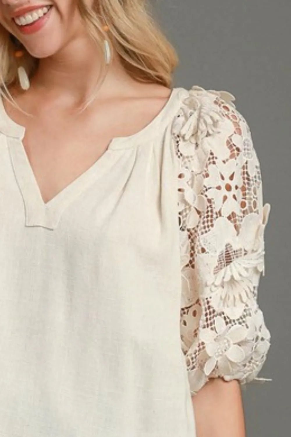Umgee Full Size French Terry Boxy Cut Top with 3D Floral Sleeve Plus Size - PBNJ FASHIONS