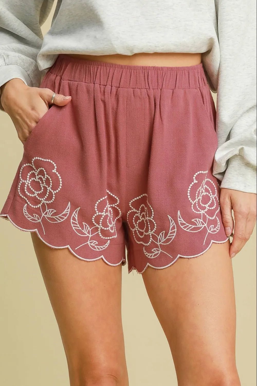 Umgee Full Size Linen Blend Shorts with Floral Embroidered Details Plus Size - PBNJ FASHIONS