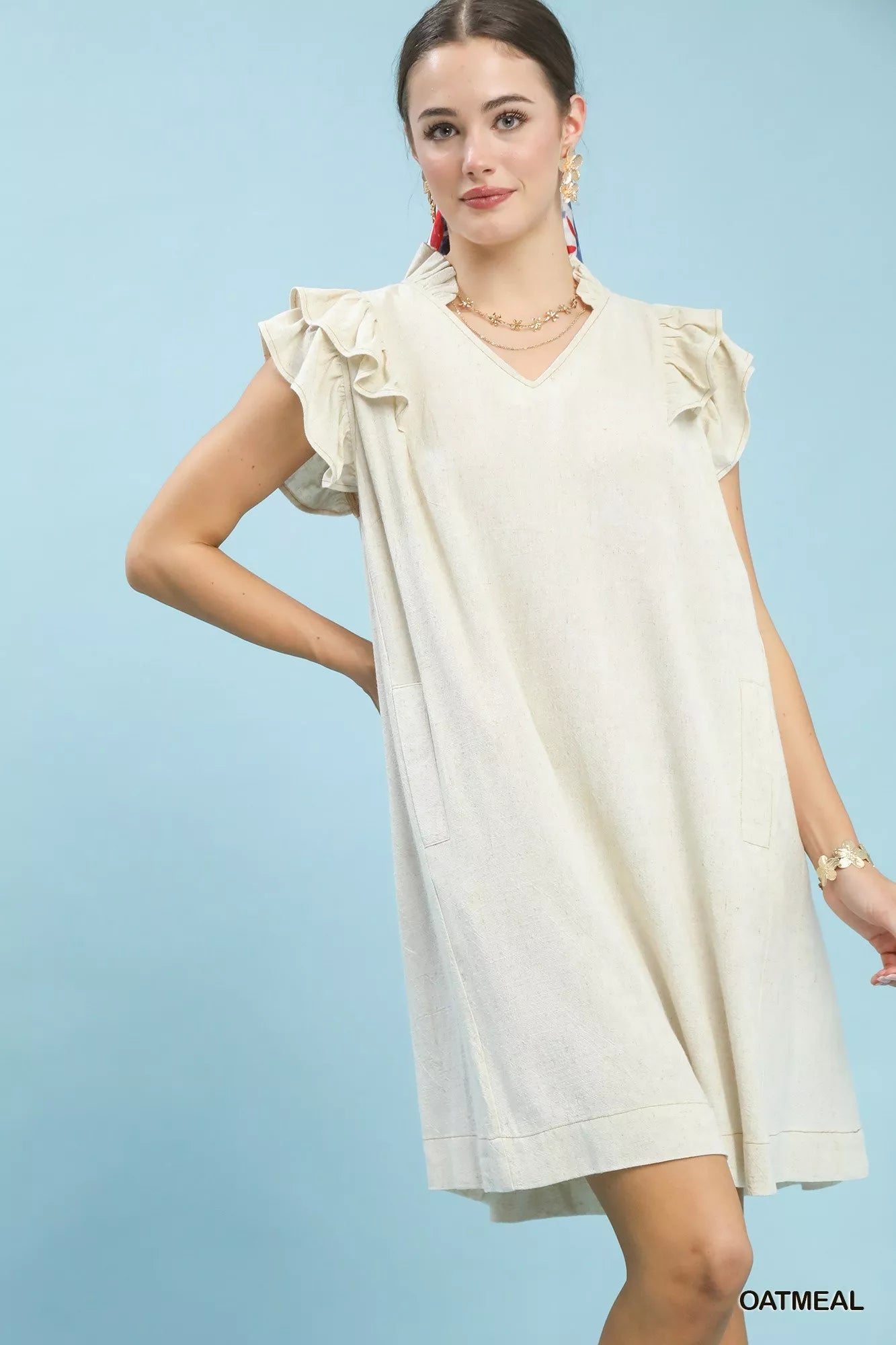Umgee Linen Flutter Sleeve Shift Dress with Pockets - PBNJ FASHIONS