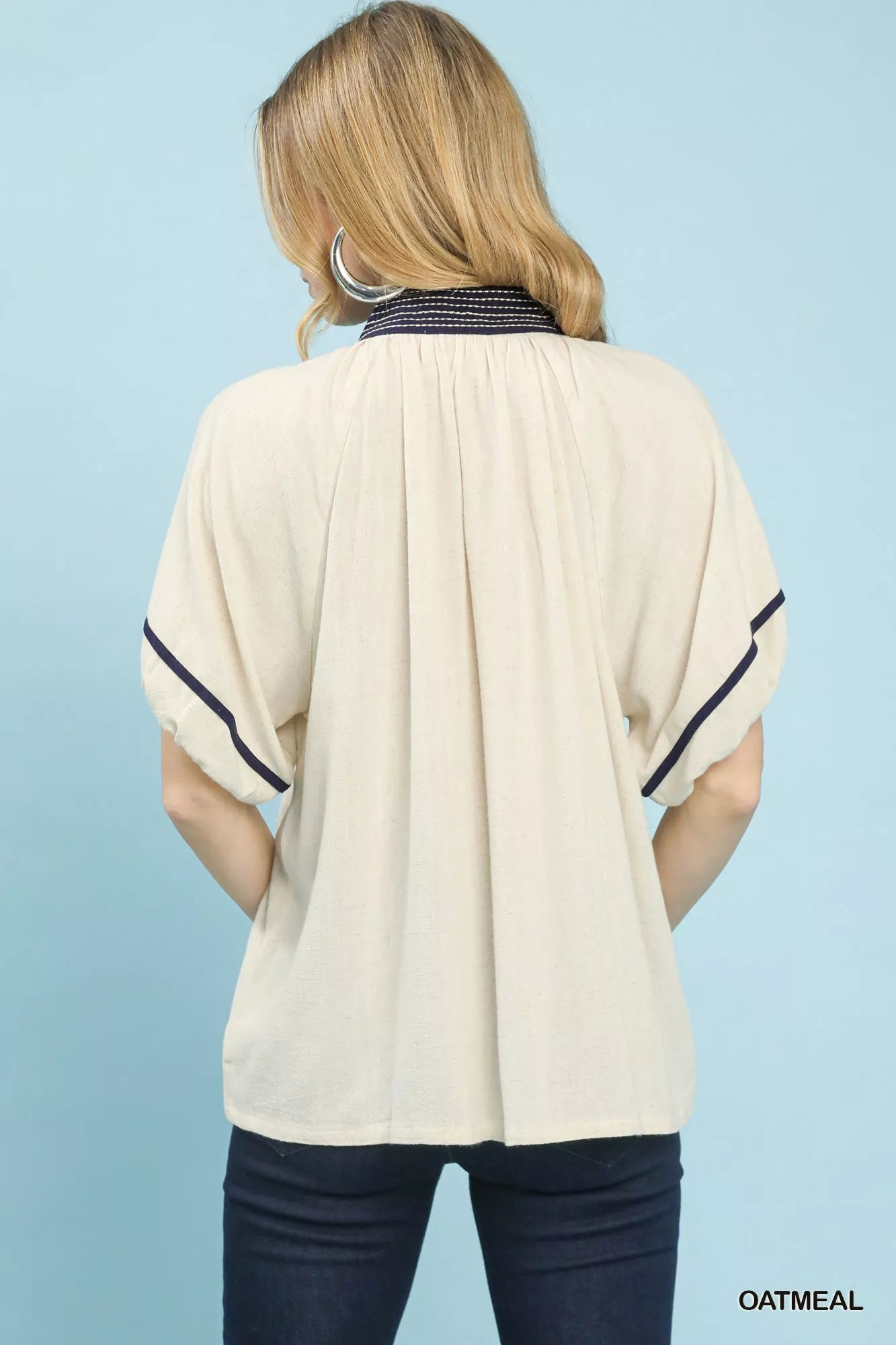 Umgee Linen Puff Sleeve Contrast Trim Top - PBNJ FASHIONS