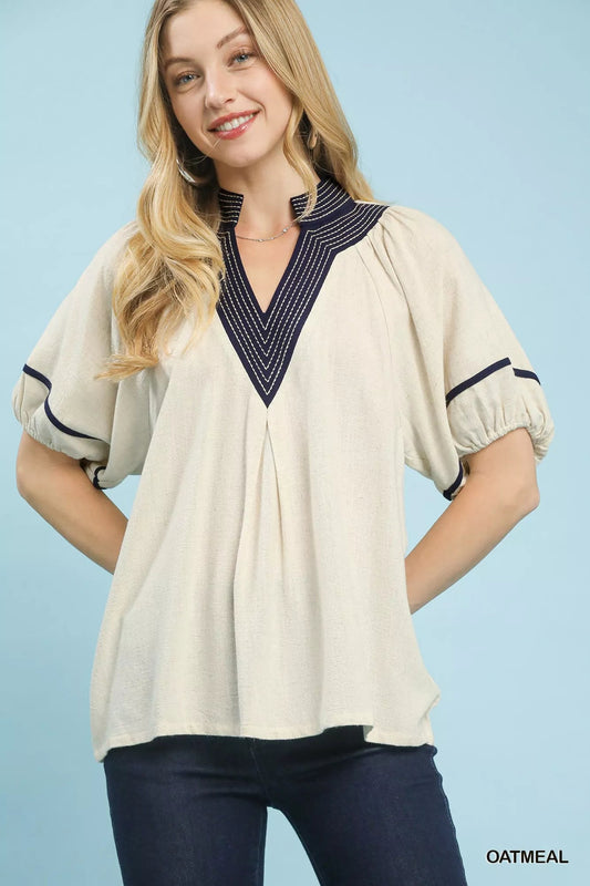 Umgee Linen Puff Sleeve Contrast Trim Top - PBNJ FASHIONS