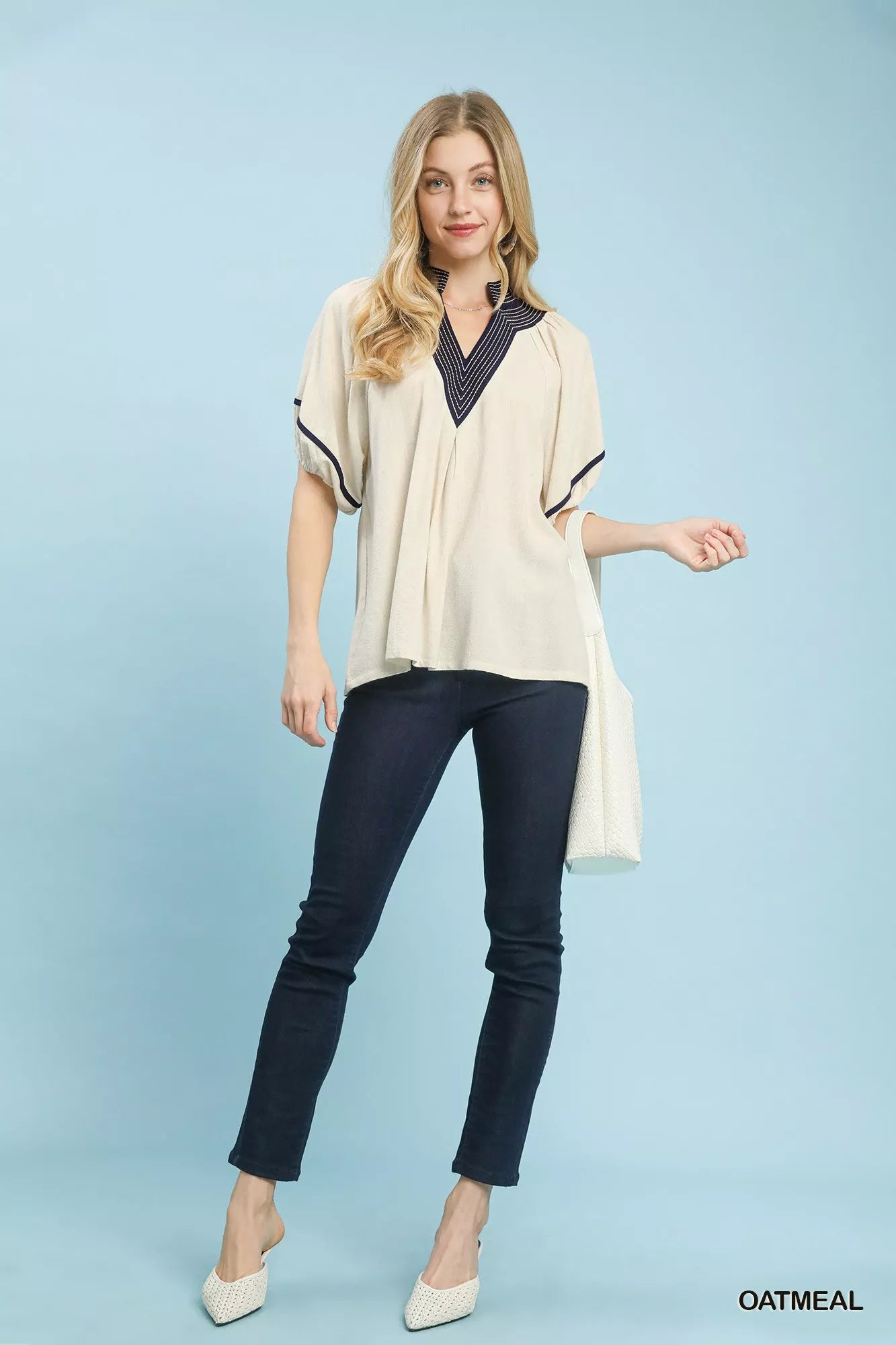 Umgee Linen Puff Sleeve Contrast Trim Top - PBNJ FASHIONS