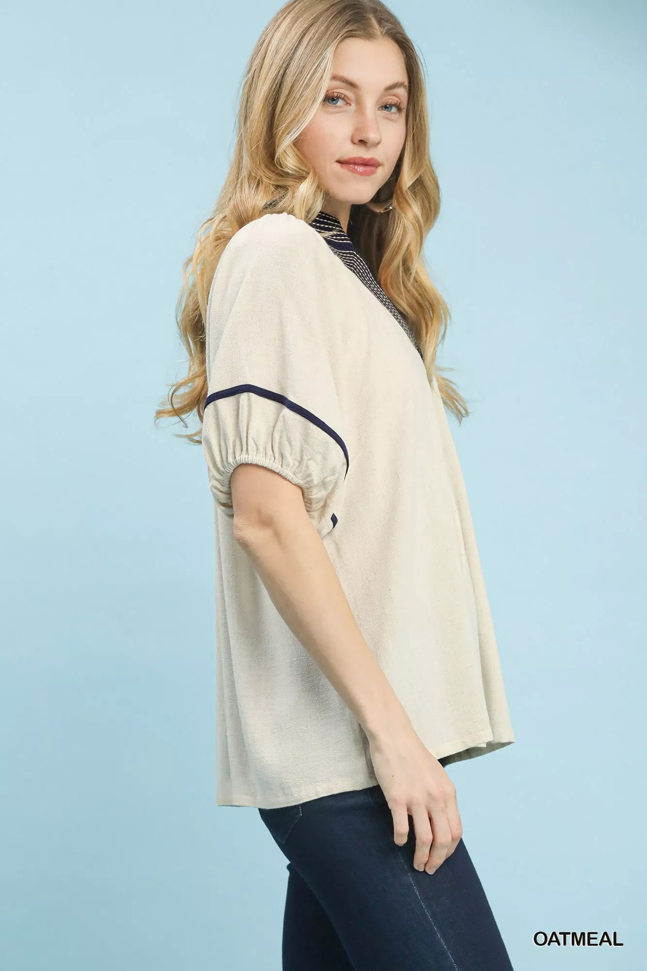 Umgee Linen Puff Sleeve Contrast Trim Top - PBNJ FASHIONS