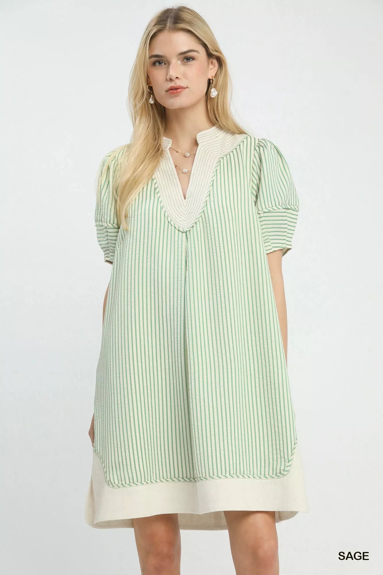 Umgee Pinstripe Shift Dress with Contrast Trim - PBNJ FASHIONS