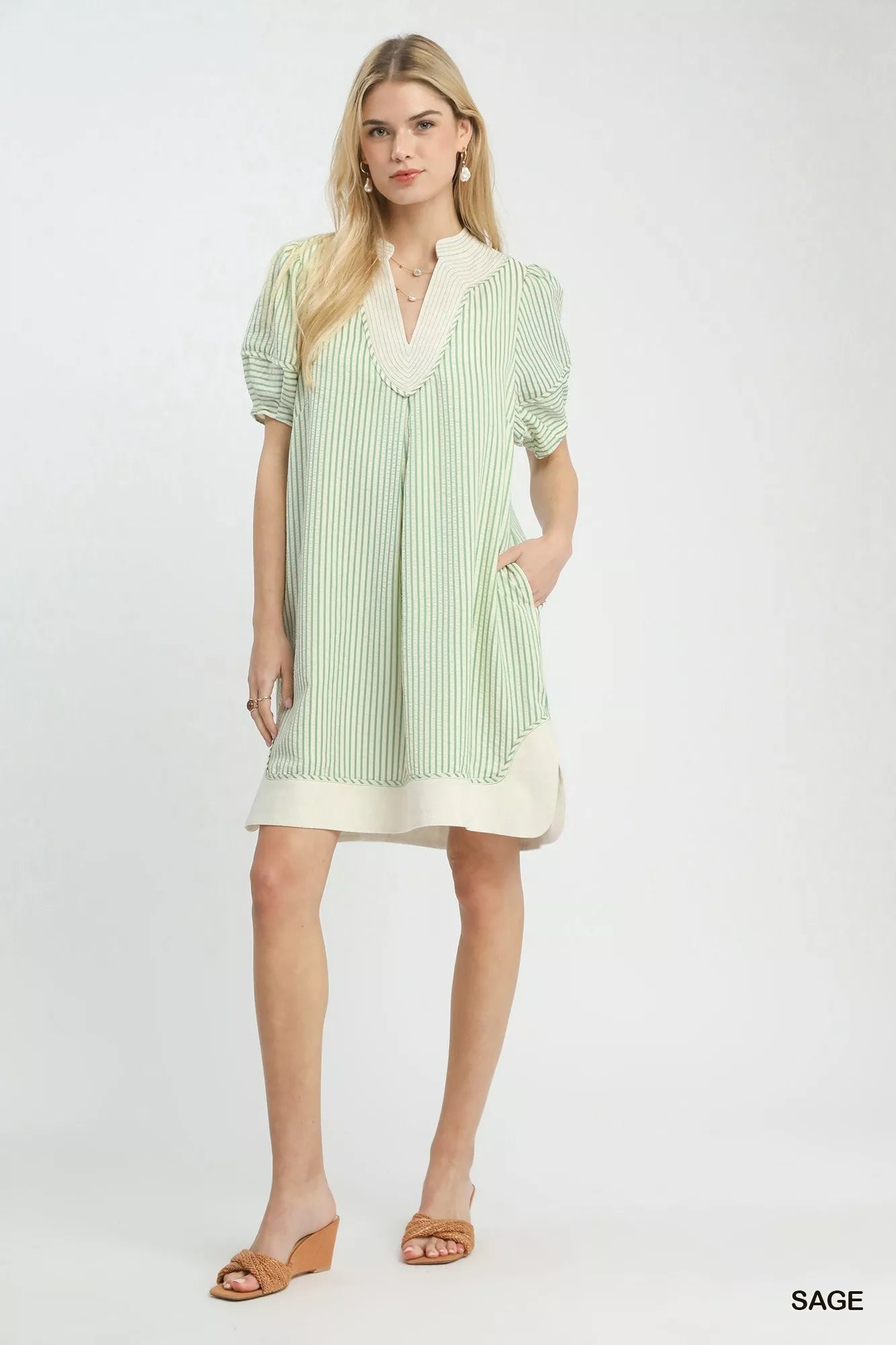 Umgee Pinstripe Shift Dress with Contrast Trim - PBNJ FASHIONS
