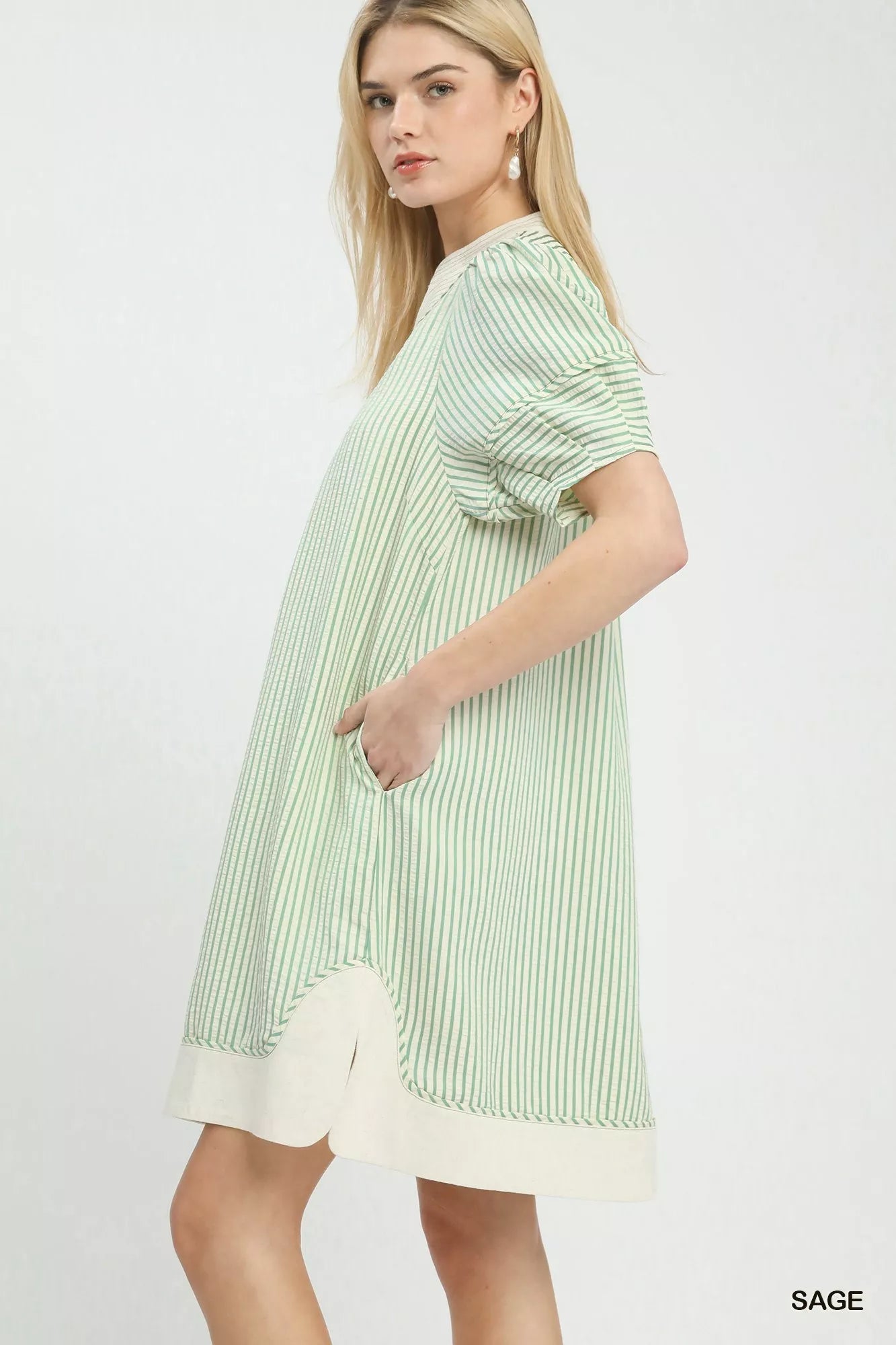 Umgee Pinstripe Shift Dress with Contrast Trim - PBNJ FASHIONS