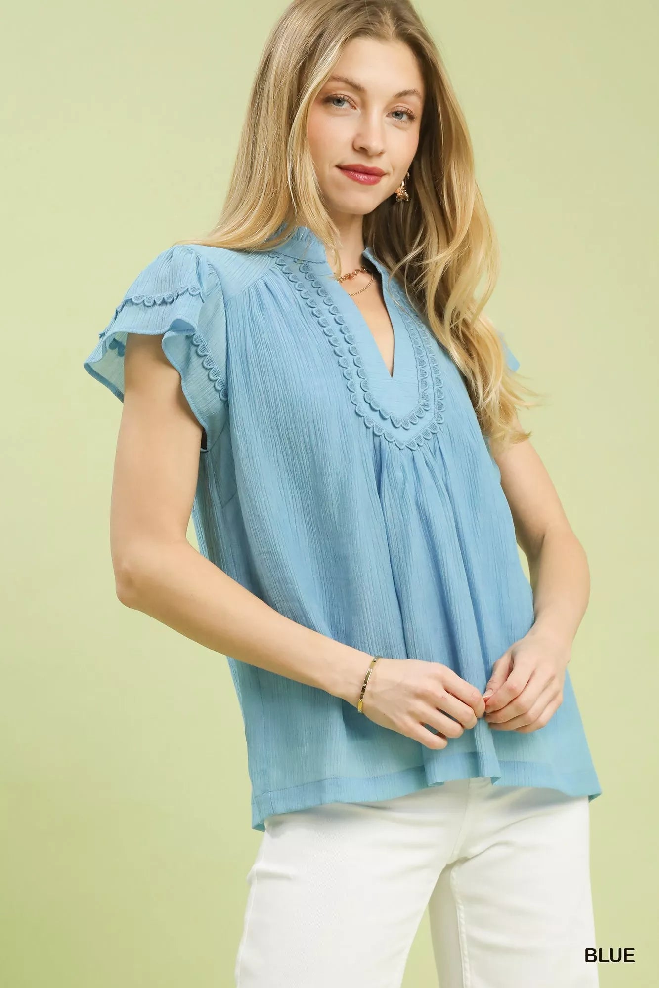 Umgee Scalloped Trim Flutter Sleeve Top - PBNJ FASHIONS