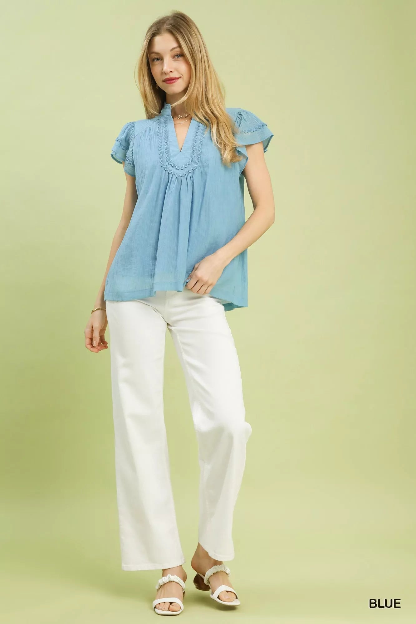 Umgee Scalloped Trim Flutter Sleeve Top - PBNJ FASHIONS