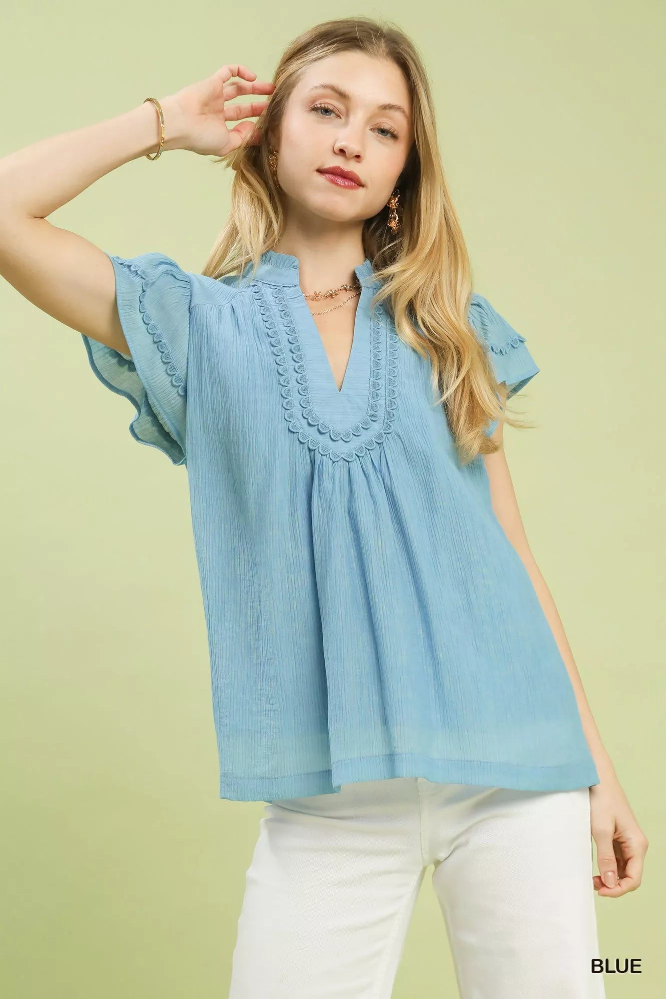 Umgee Scalloped Trim Flutter Sleeve Top - PBNJ FASHIONS