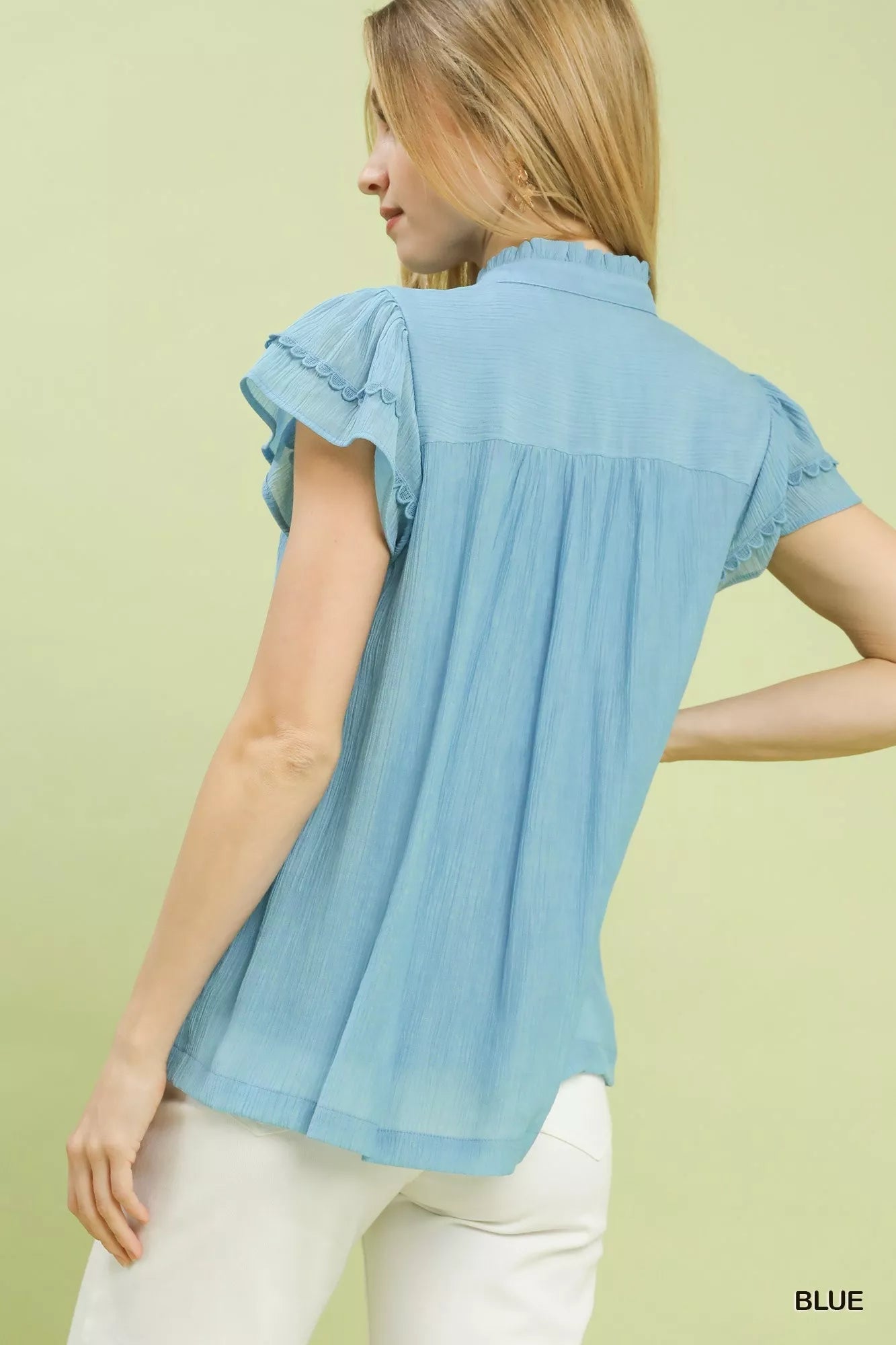 Umgee Scalloped Trim Flutter Sleeve Top - PBNJ FASHIONS