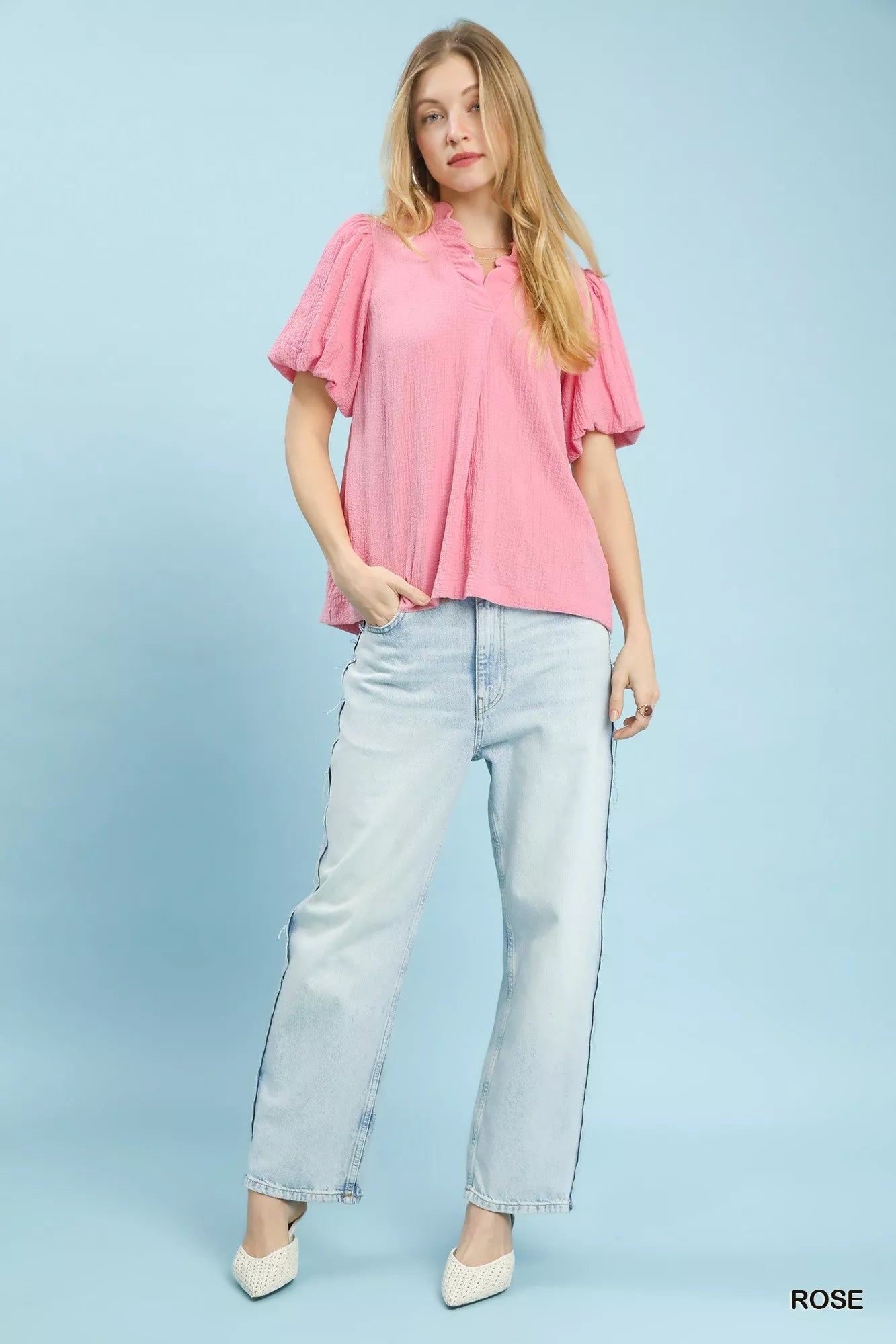 Umgee Seersucker Puff Sleeve Blouse - PBNJ FASHIONS