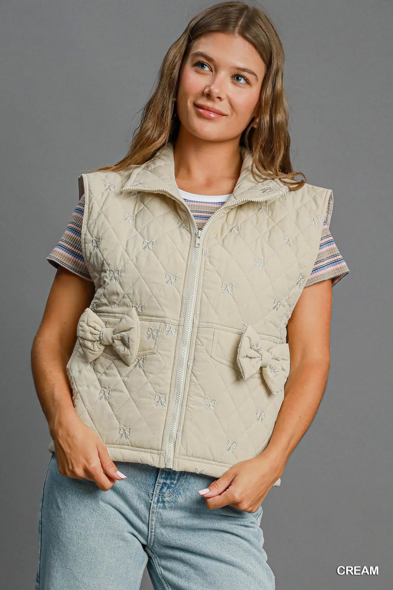 Umgee Sleeveless Quilted Vest with Bow Details - PBNJ FASHIONS