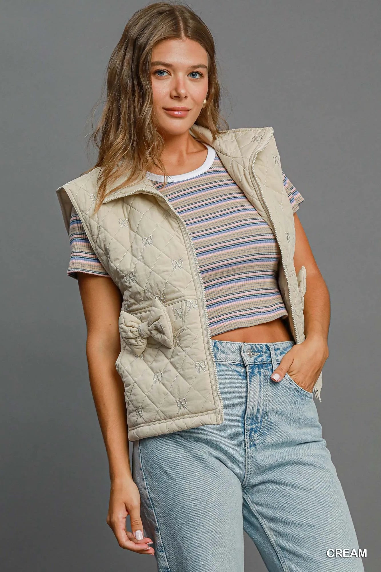 Umgee Sleeveless Quilted Vest with Bow Details - PBNJ FASHIONS