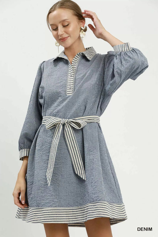 Umgee Striped Contrast Belted Puff Sleeve Mini Dress - PBNJ FASHIONS