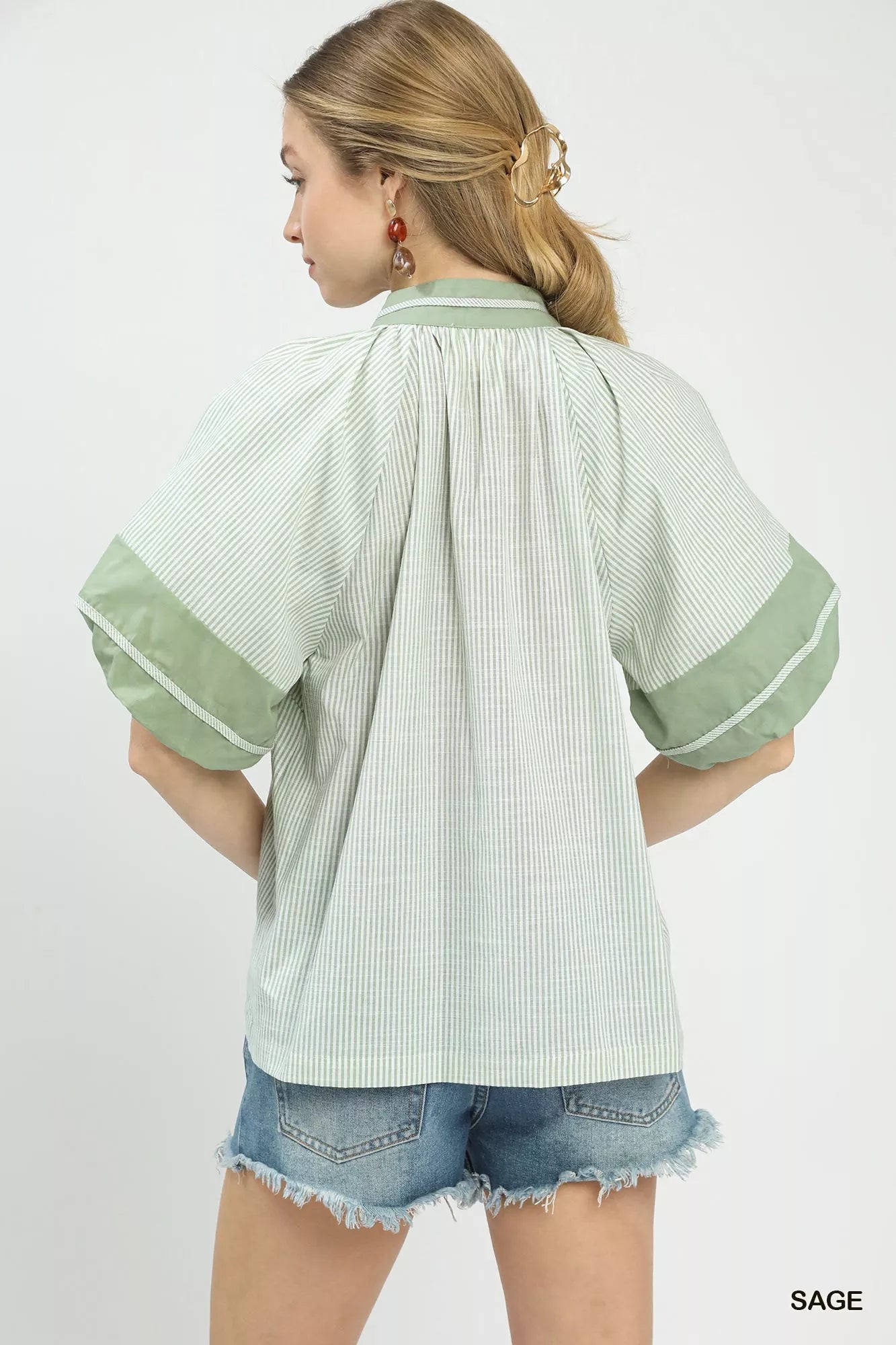 Umgee Striped Mixed Puff Sleeve Blouse - PBNJ FASHIONS