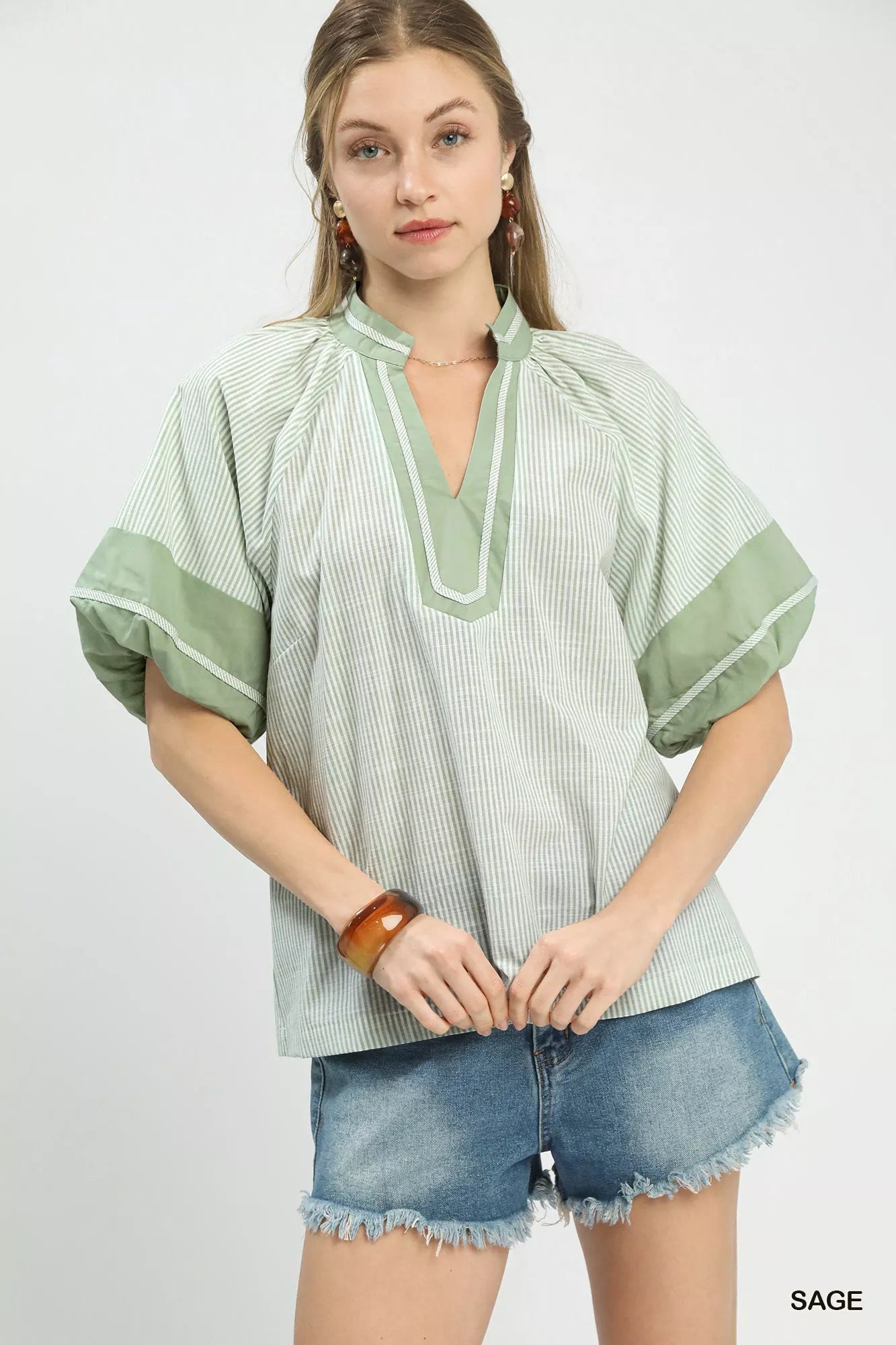 Umgee Striped Mixed Puff Sleeve Blouse - PBNJ FASHIONS