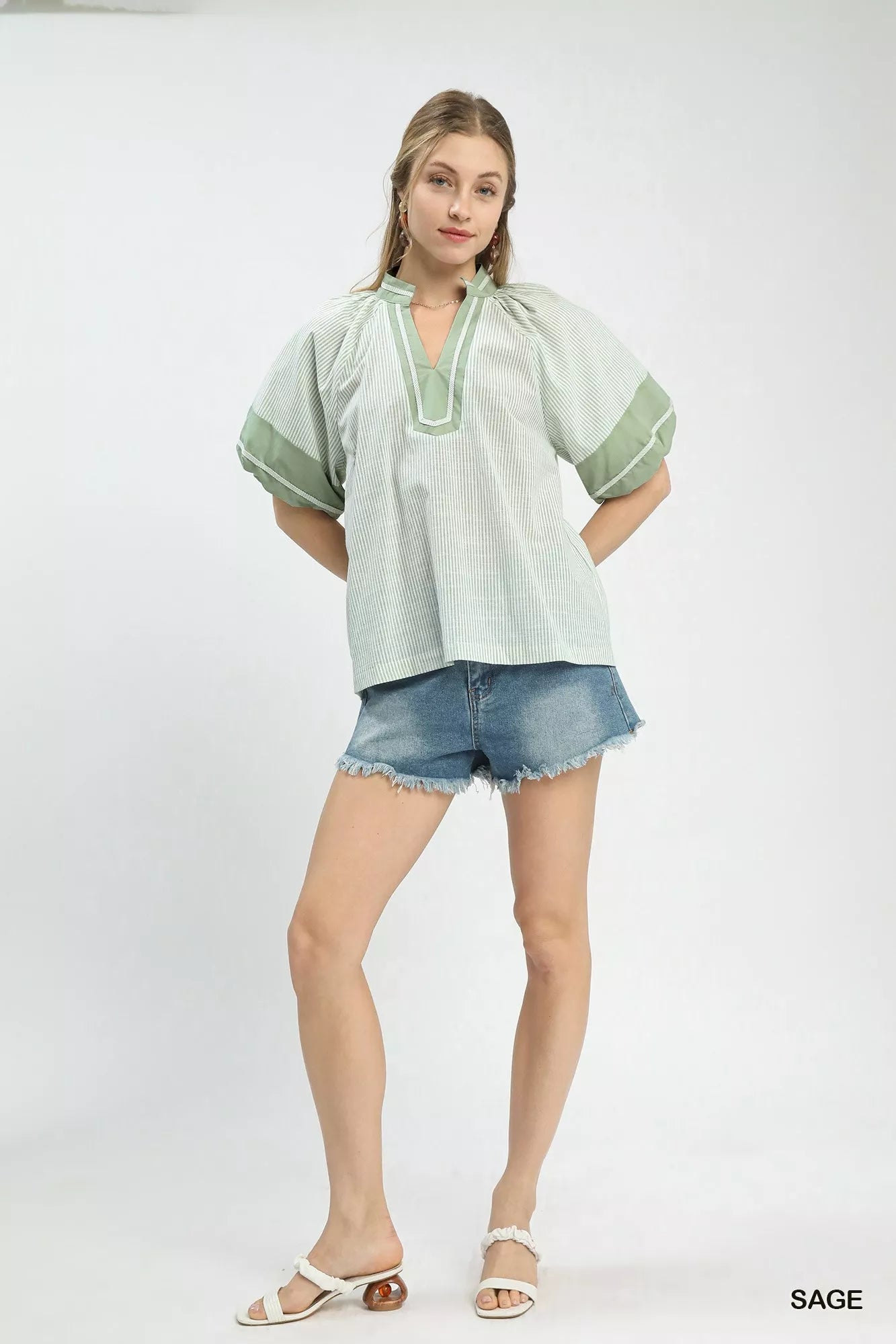 Umgee Striped Mixed Puff Sleeve Blouse - PBNJ FASHIONS
