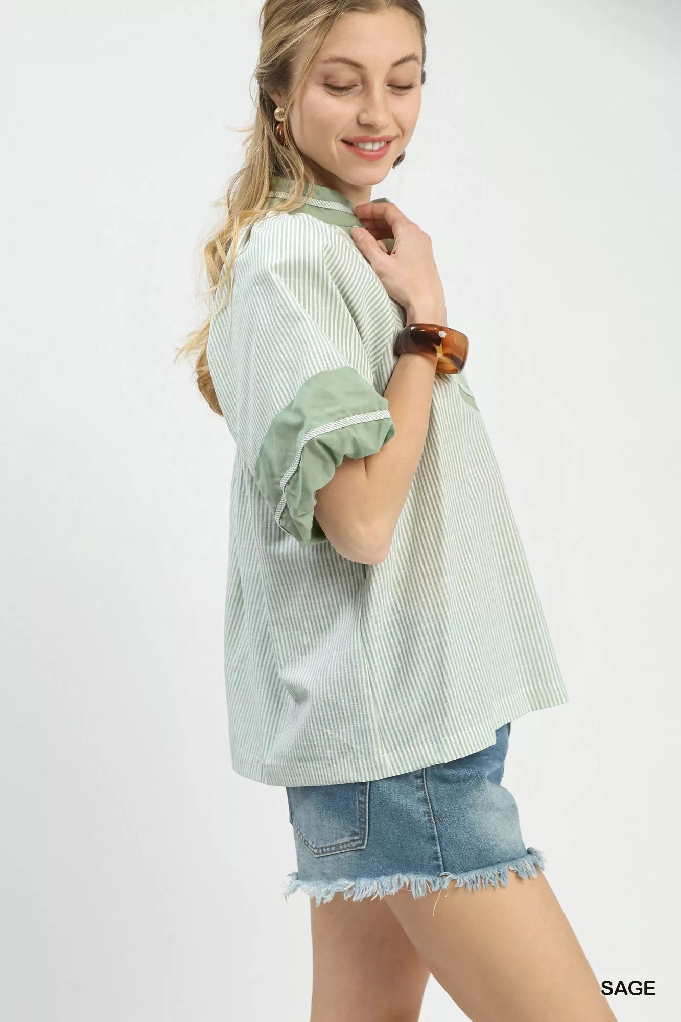 Umgee Striped Mixed Puff Sleeve Blouse - PBNJ FASHIONS