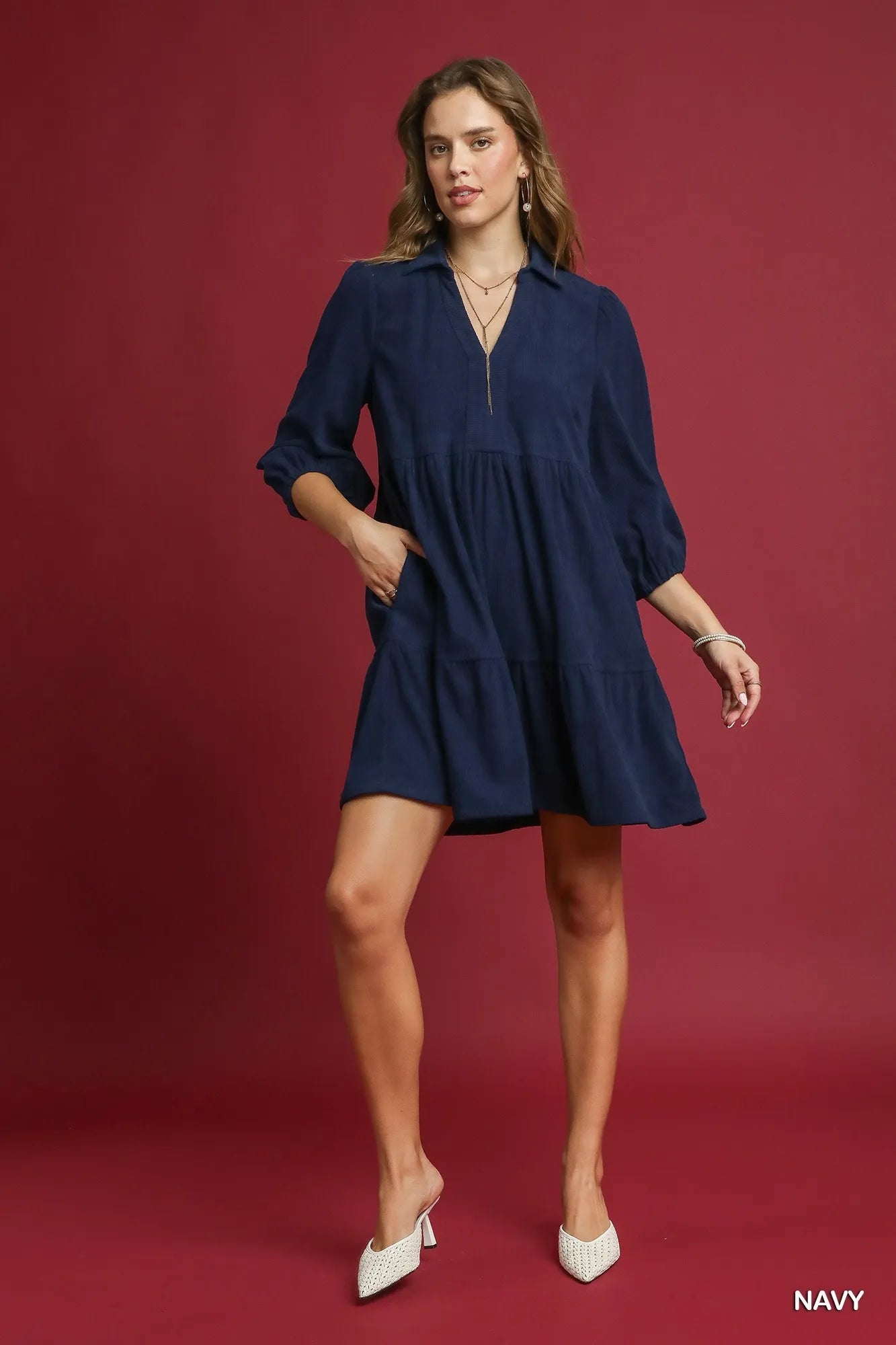 Umgee Tiered Corduroy Mini Dress with Balloon Sleeves - PBNJ FASHIONS