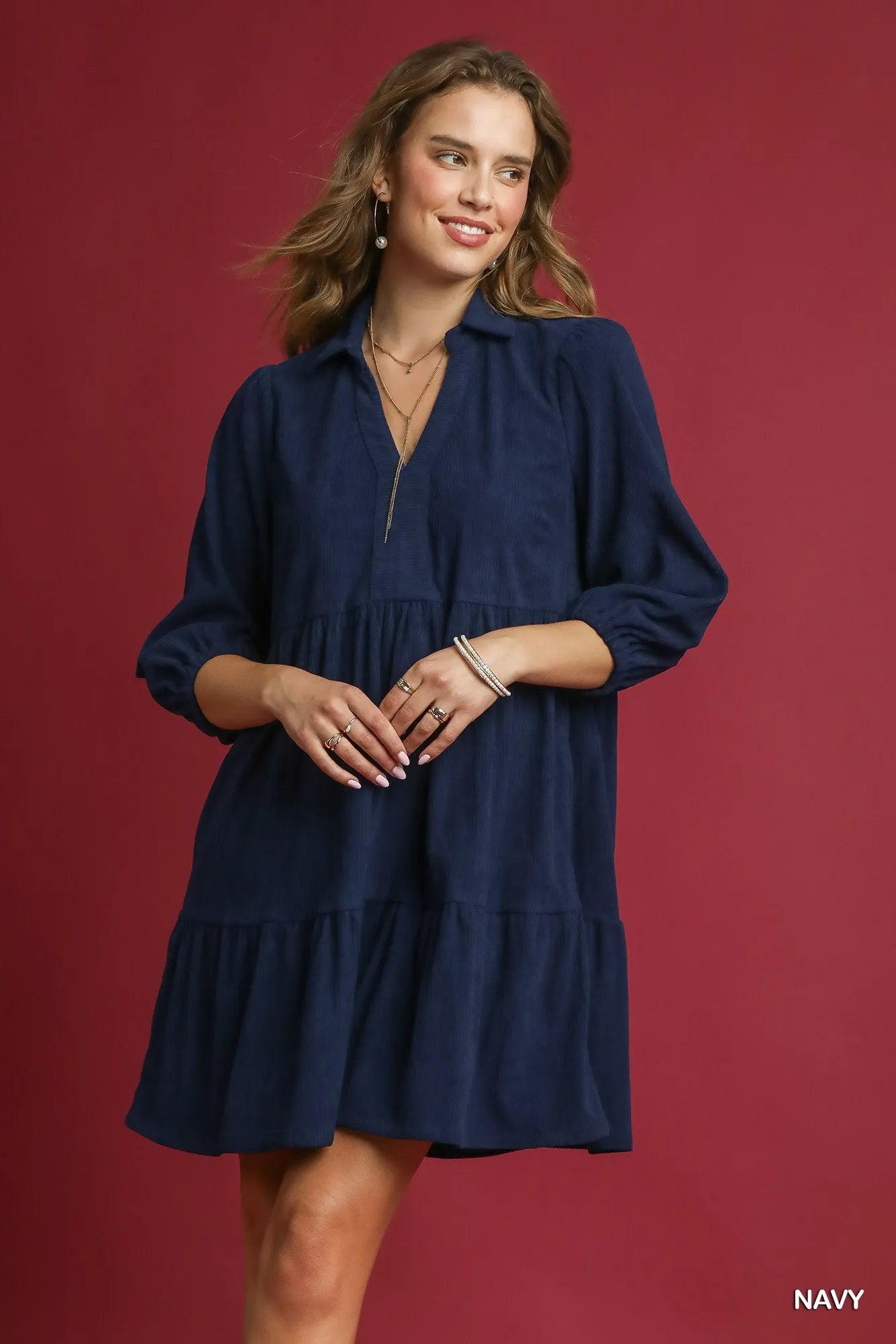 Umgee Tiered Corduroy Mini Dress with Balloon Sleeves - PBNJ FASHIONS