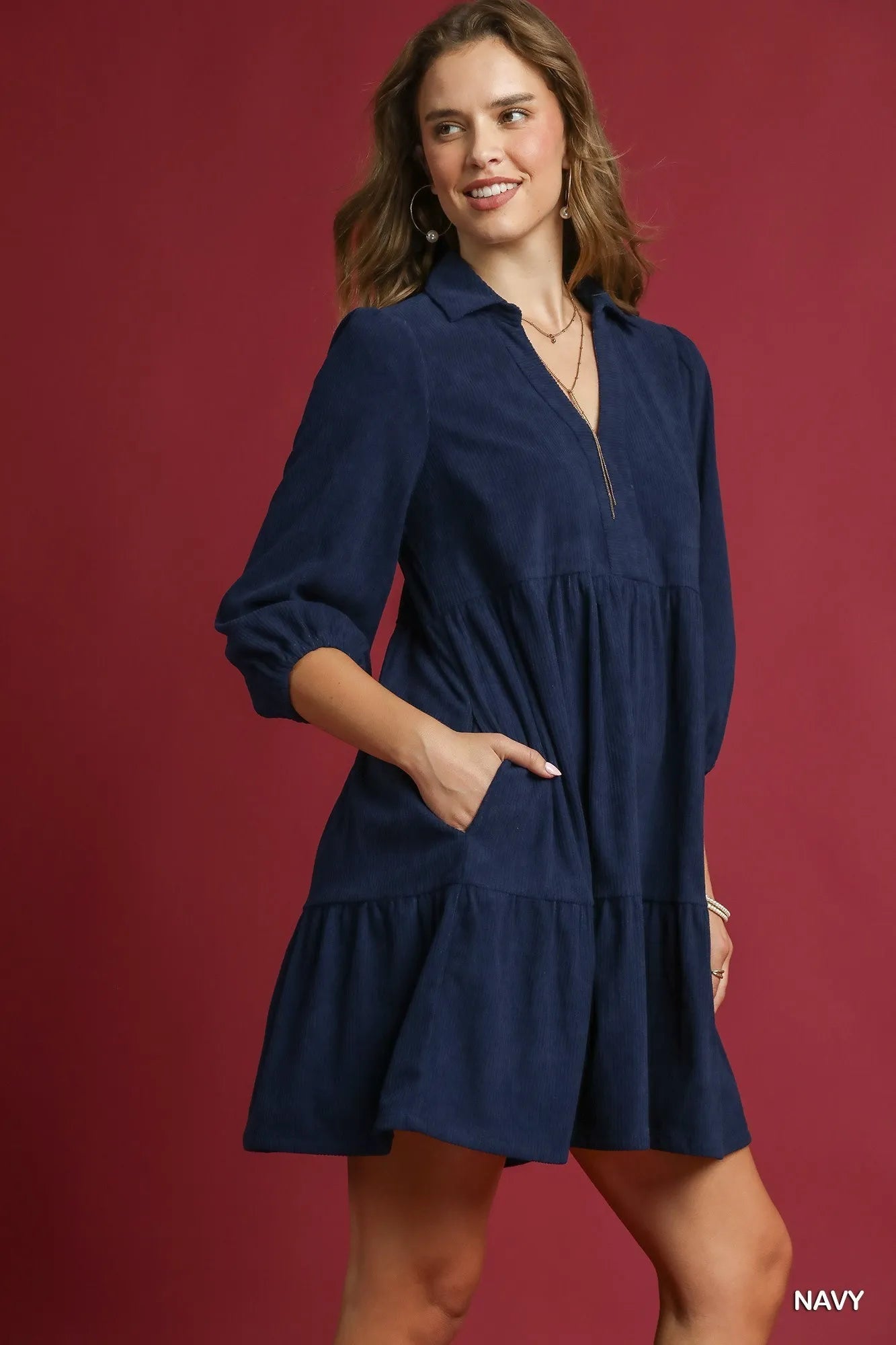Umgee Tiered Corduroy Mini Dress with Balloon Sleeves - PBNJ FASHIONS
