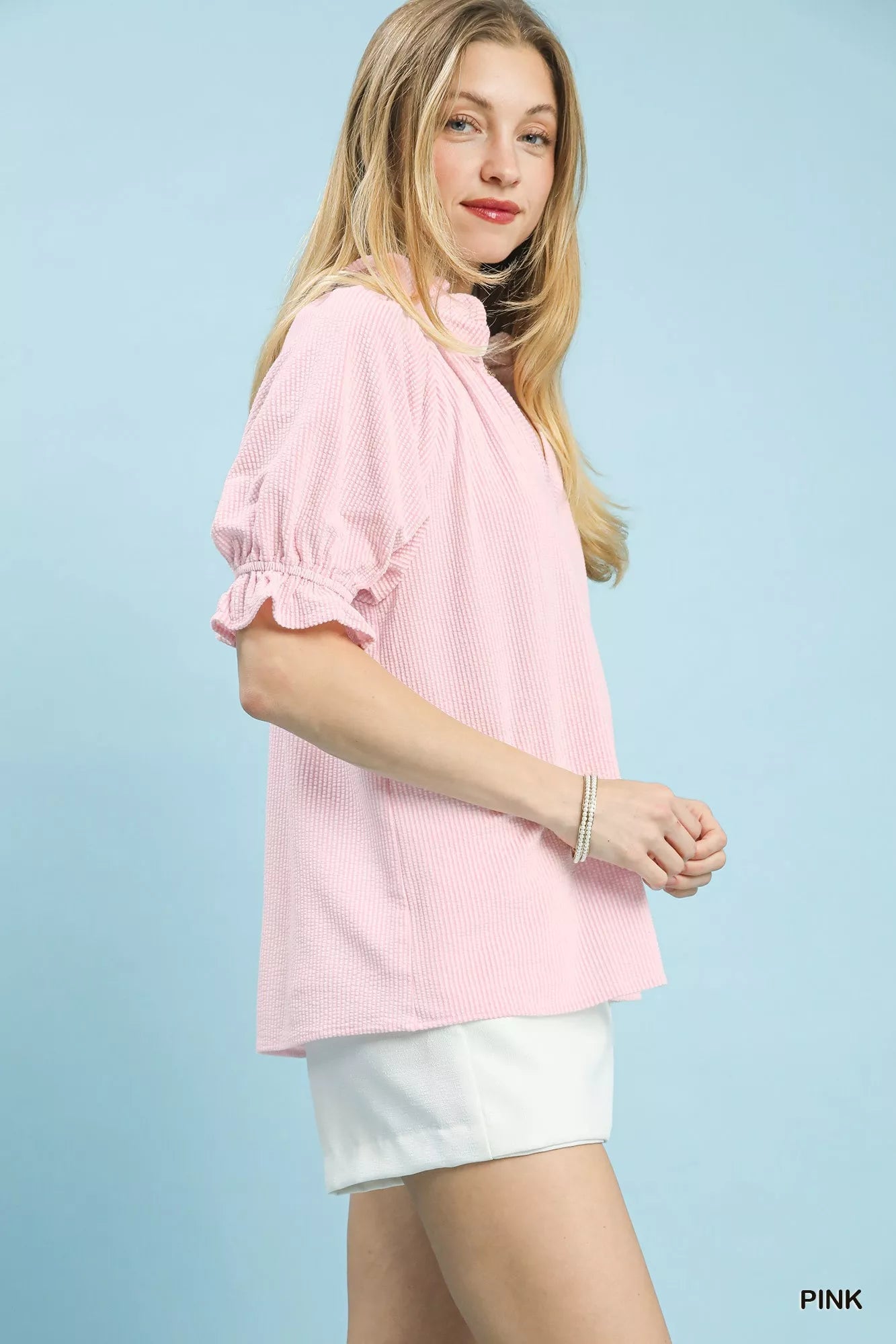 Umgee V-Neck Top with Textured Ruffle Sleeves - PINK-S- - PBNJ FASHIONS