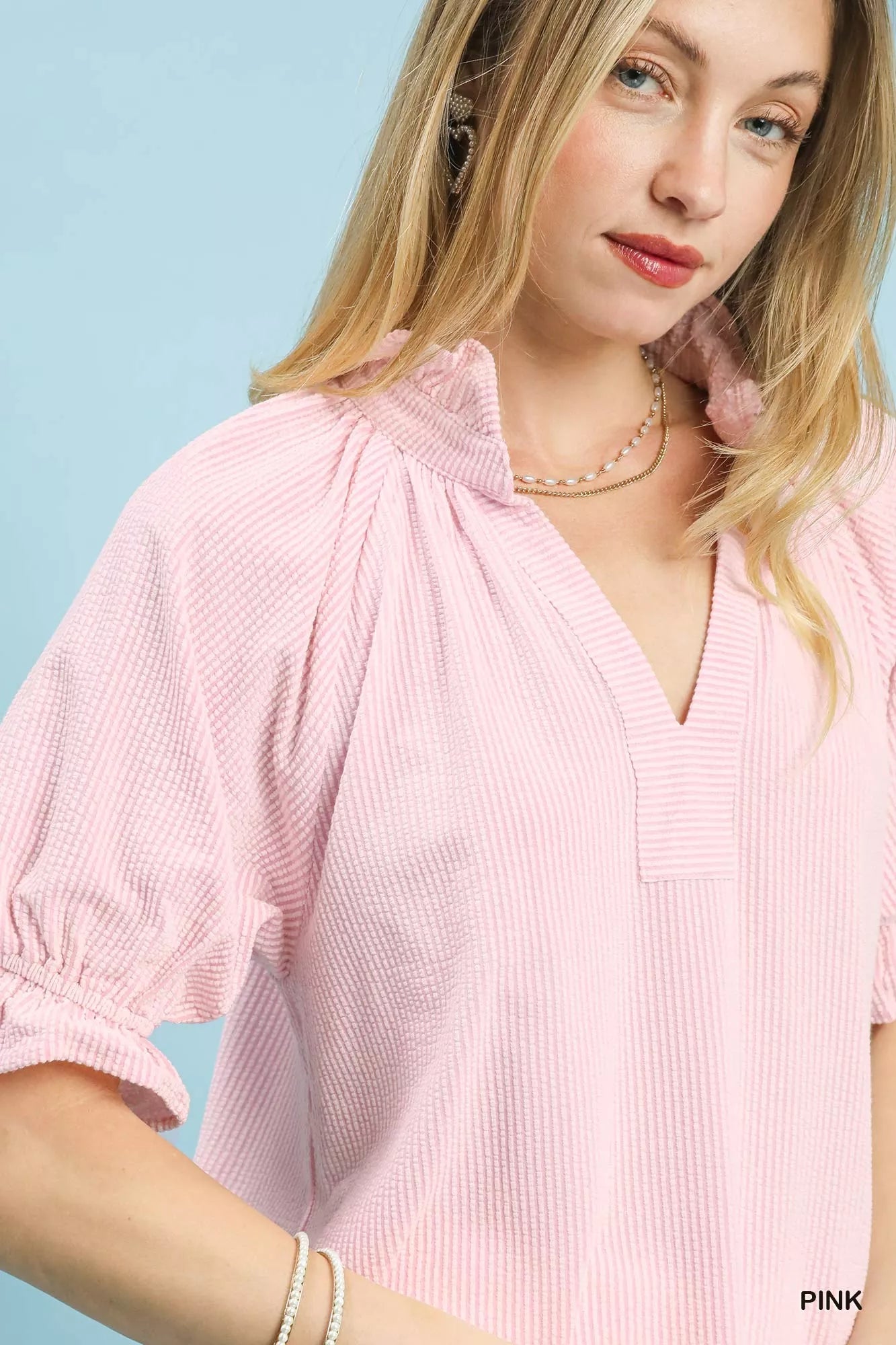 Umgee V-Neck Top with Textured Ruffle Sleeves - PINK-S- - PBNJ FASHIONS