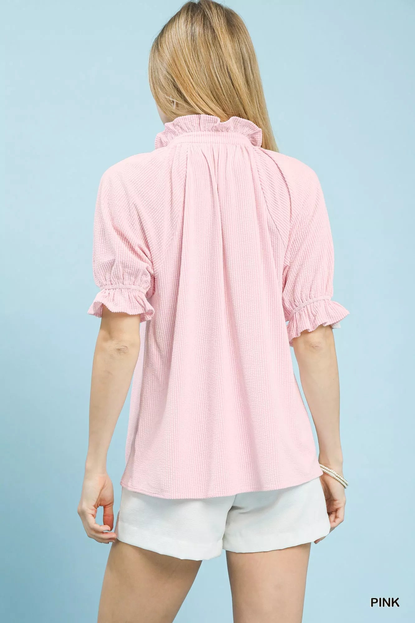 Umgee V-Neck Top with Textured Ruffle Sleeves - PINK-S- - PBNJ FASHIONS