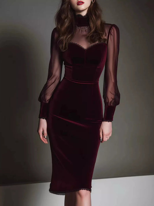 Velvet Bodycon Dress with Sheer Mesh Sleeves - PBNJ FASHIONS