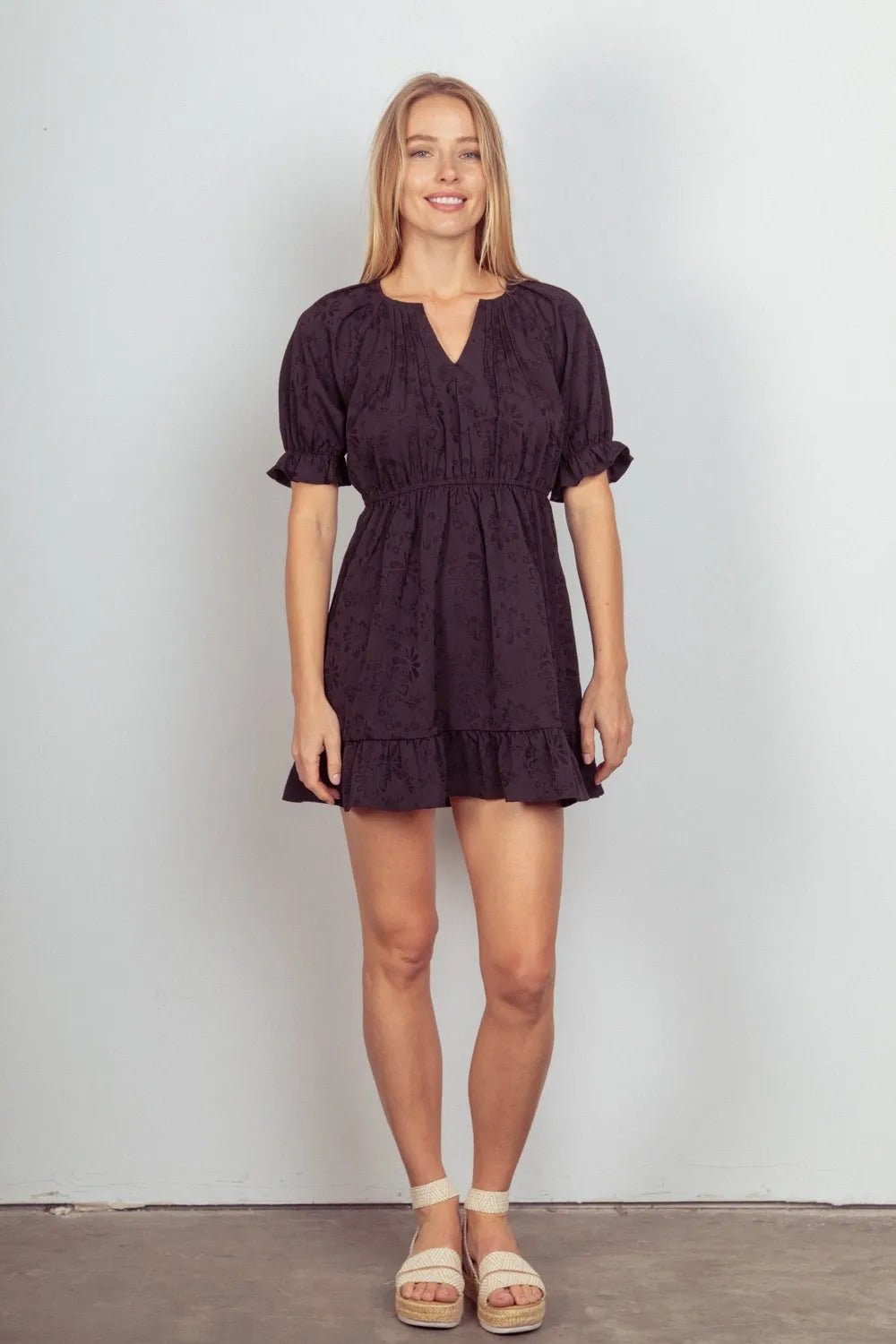 VERY J Floral Textured Woven Ruffled Mini Dress - PBNJ FASHIONS