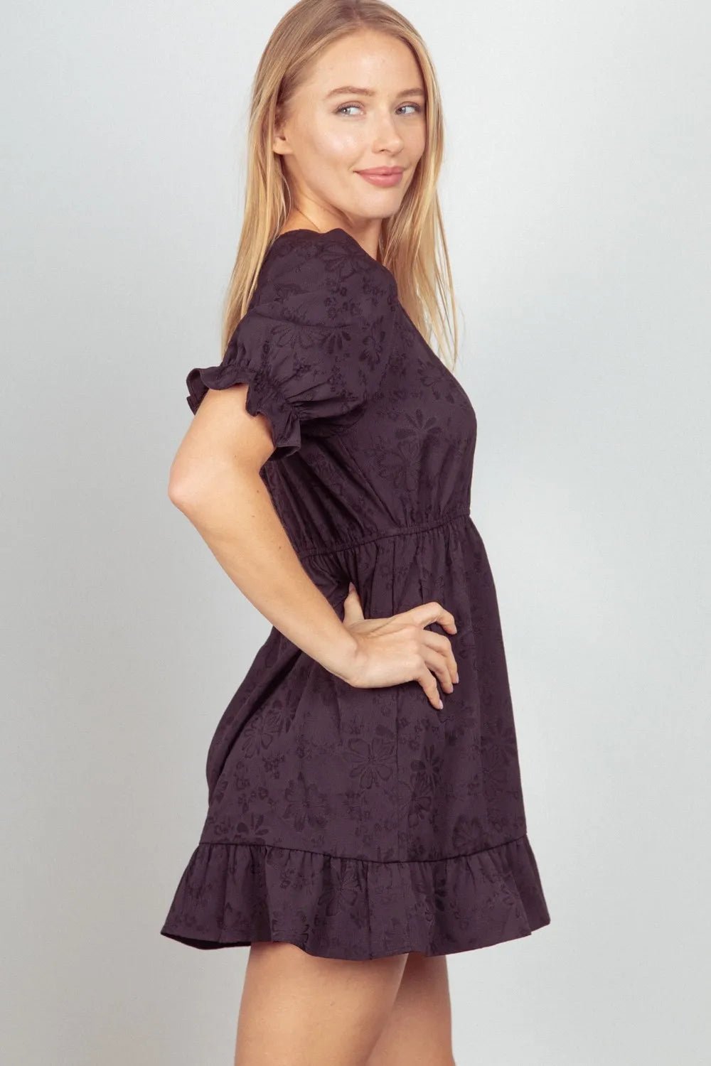 VERY J Floral Textured Woven Ruffled Mini Dress - PBNJ FASHIONS