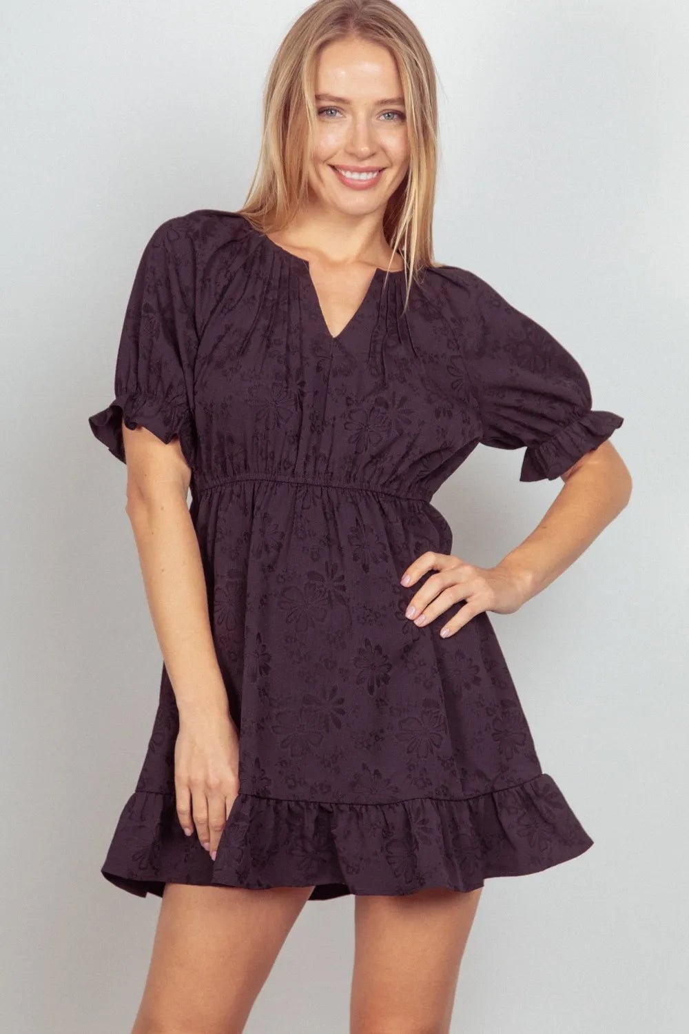 VERY J Floral Textured Woven Ruffled Mini Dress - PBNJ FASHIONS