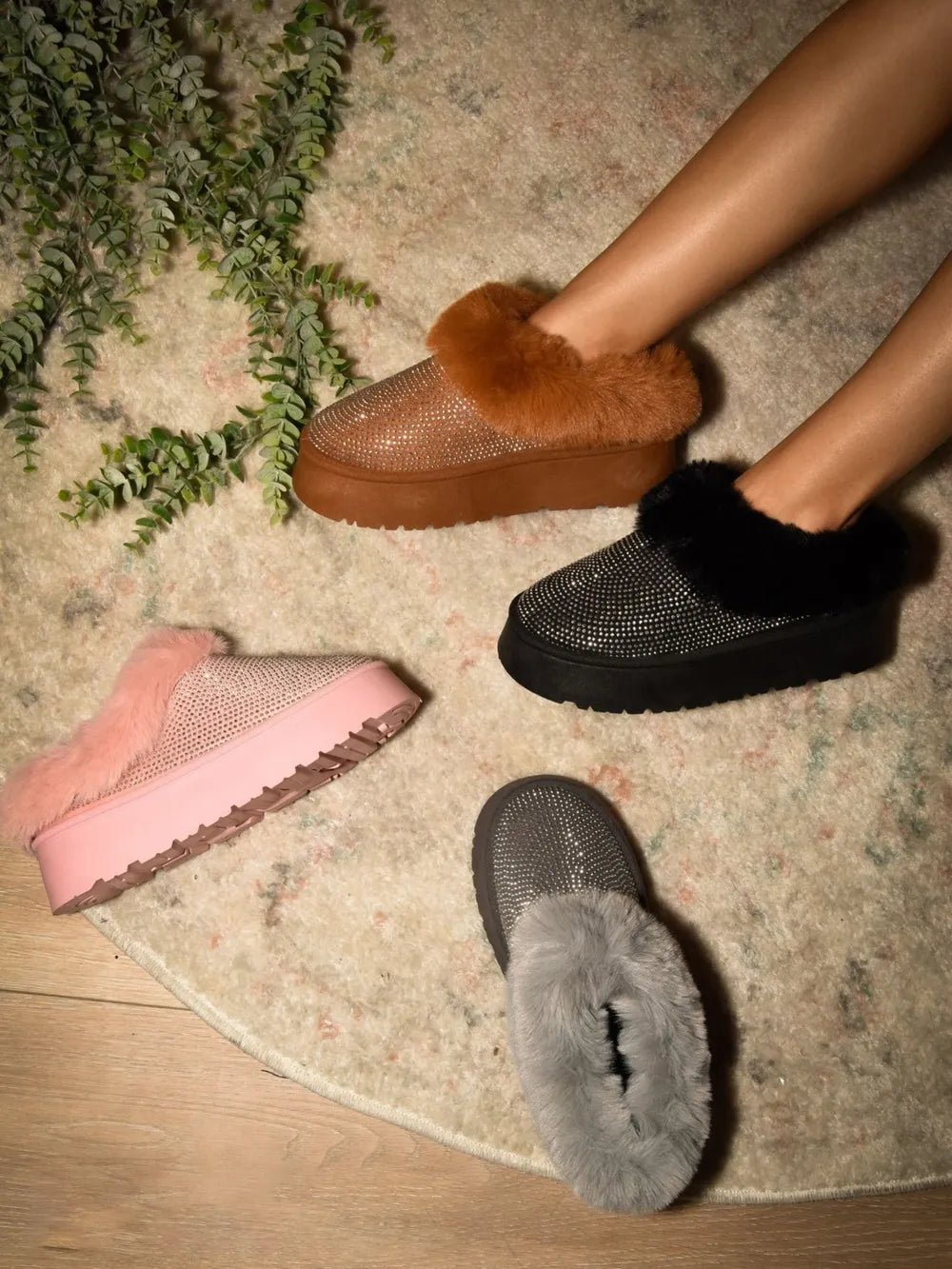 WILD DIVA Embellished Faux Fur Platform Booties - PBNJ FASHIONS