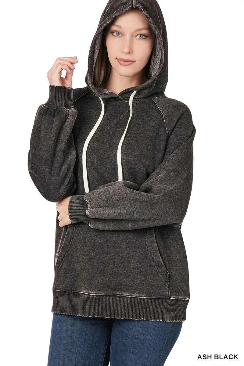 Zenana Acid Wash Fleece Hoodie with Drawstring - PBNJ FASHIONS