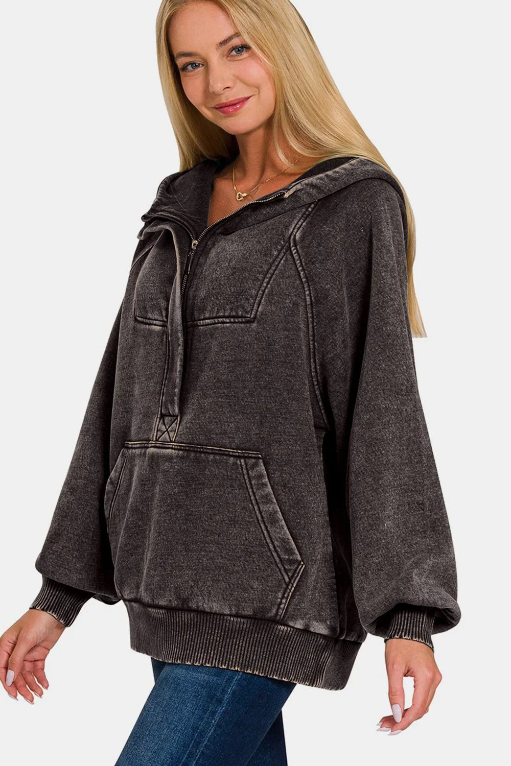 Zenana Acid Wash Fleece Kangaroo Hoodie - PBNJ FASHIONS