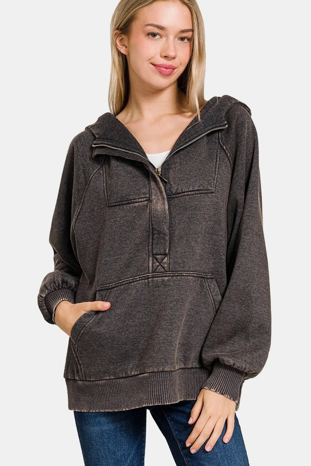 Zenana Acid Wash Fleece Kangaroo Hoodie - PBNJ FASHIONS