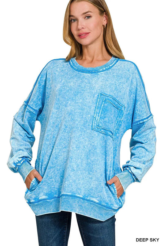 Zenana Acid Wash Raw Edge French Terry Sweatshirt with Front Pocket - PBNJ FASHIONS