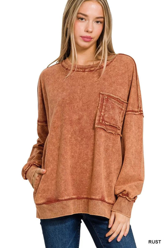 Zenana Acid Wash Raw Edge French Terry Sweatshirt with Front Pocket - PBNJ FASHIONS