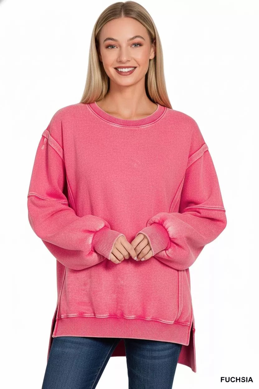 Zenana Acid Washed Batwing Sleeve Fleece Sweatshirt - PBNJ FASHIONS
